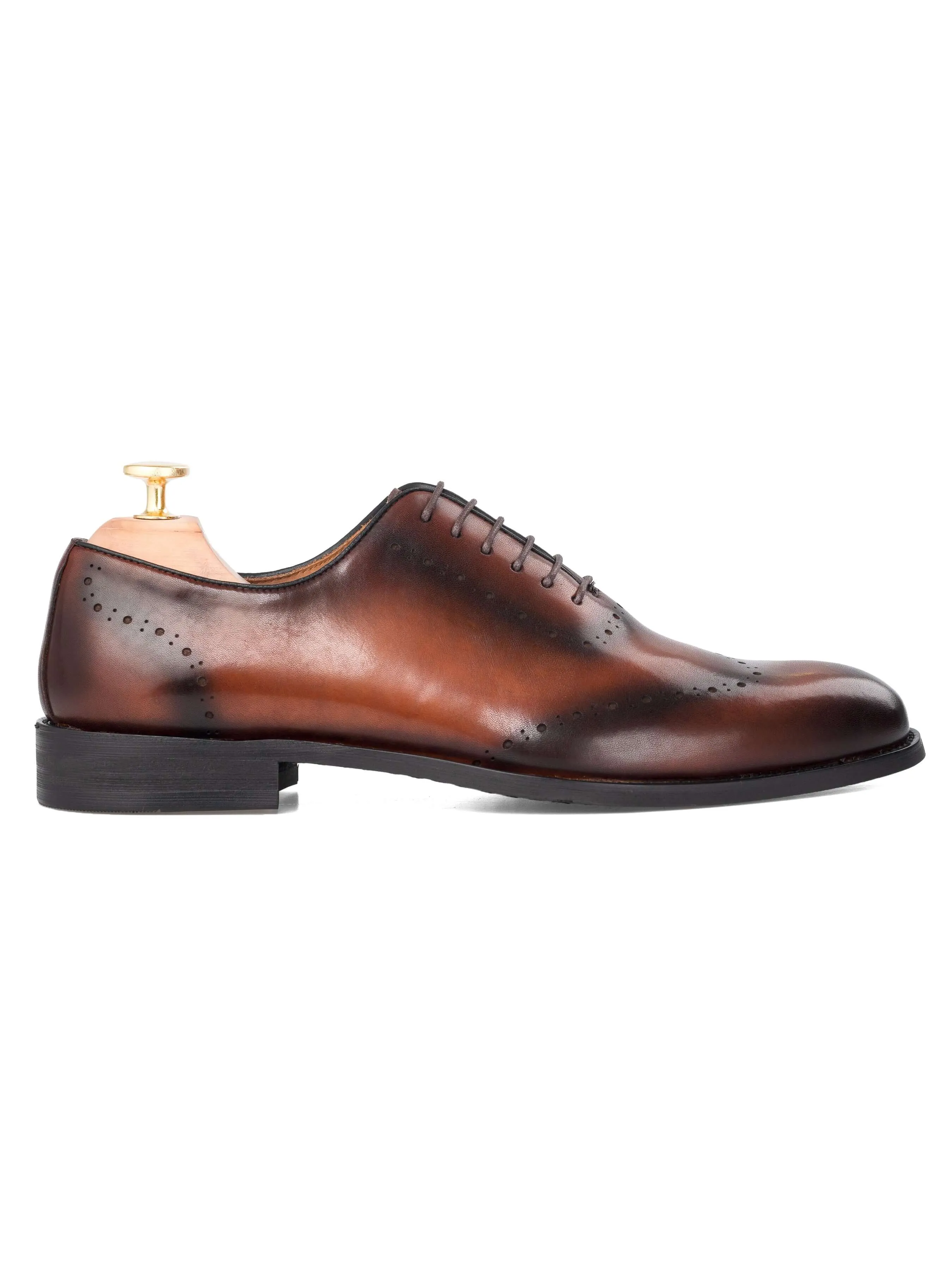 Quick Style Simple Fit Style Wholecut Oxford Wingtip  - Duo-Tone Cognac Tan Lace up (Hand Painted Patina)