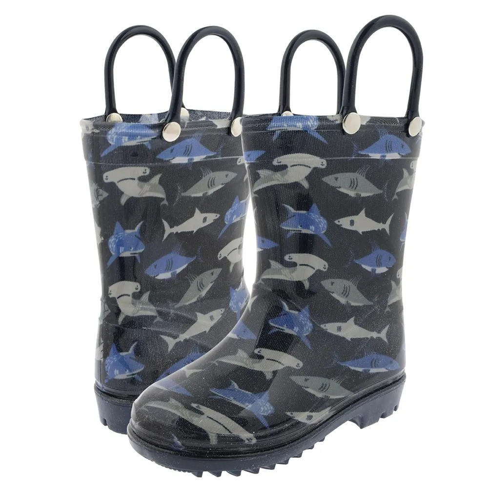 Toddler Boys Shiny Shark Waters Printed Rain Boot Outdoor Fit Rain Ready