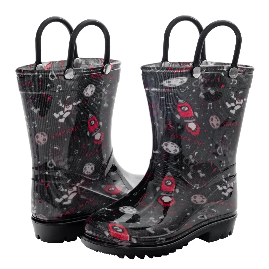 Toddler Boys Shiny Rockstar Astronaut Printed Rain Boot Premium