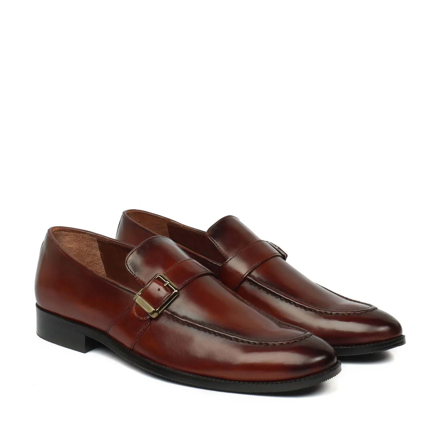 Wine Tasting Command Style Single Monk Cognac Leather Apron Toe Buckle Strap Slip-On Shoe For Men By Brune & Bareskin