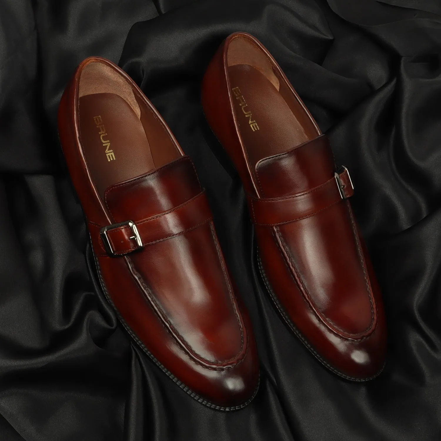 Single Monk Cognac Leather Apron Toe Buckle Strap Slip-On Shoe For Men By Brune & Bareskin Quick Wipe Chic Boots