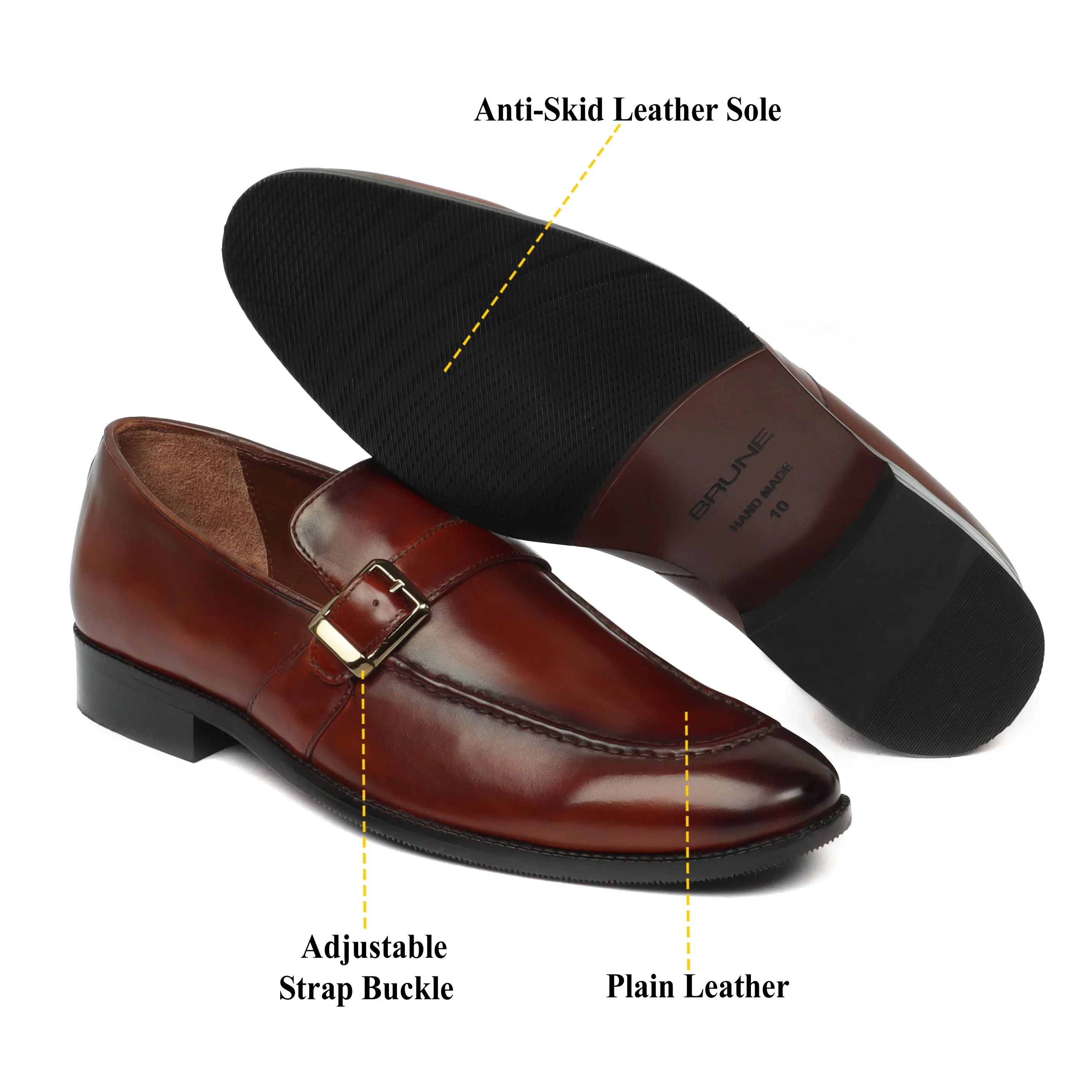 Anti Odor Single Monk Cognac Leather Apron Toe Buckle Strap Slip-On Shoe For Men By Brune & Bareskin