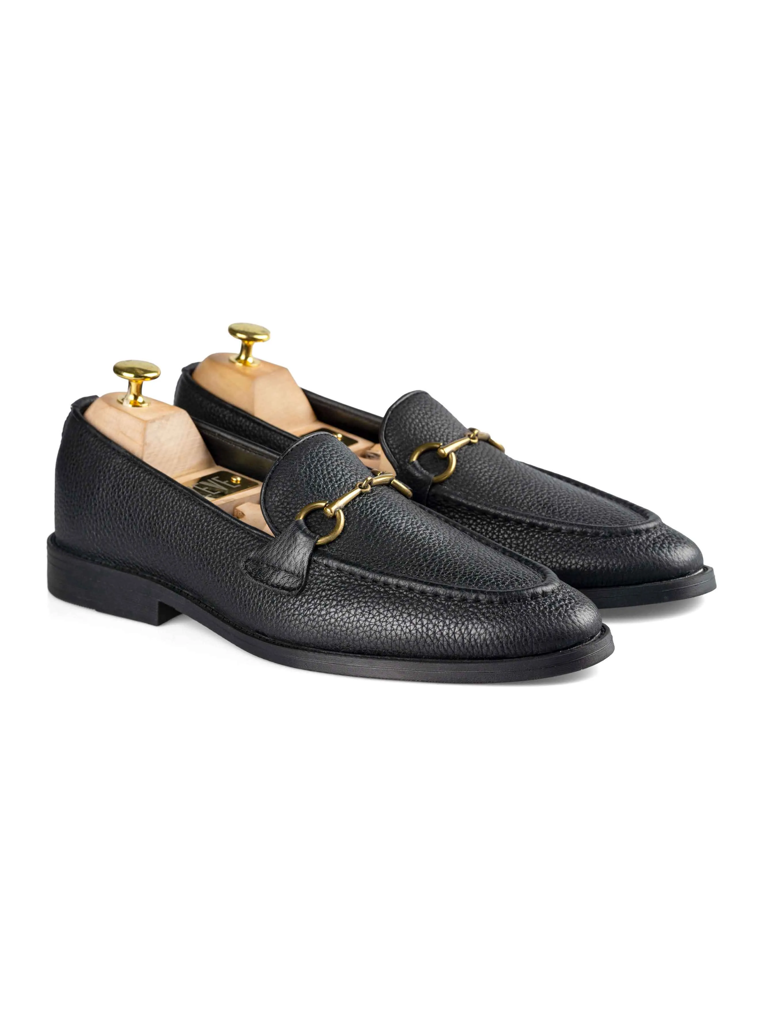 Horsebit Buckle Loafer - Black Pebble Grain Leather (Flexi-Sole) Supportive Fit