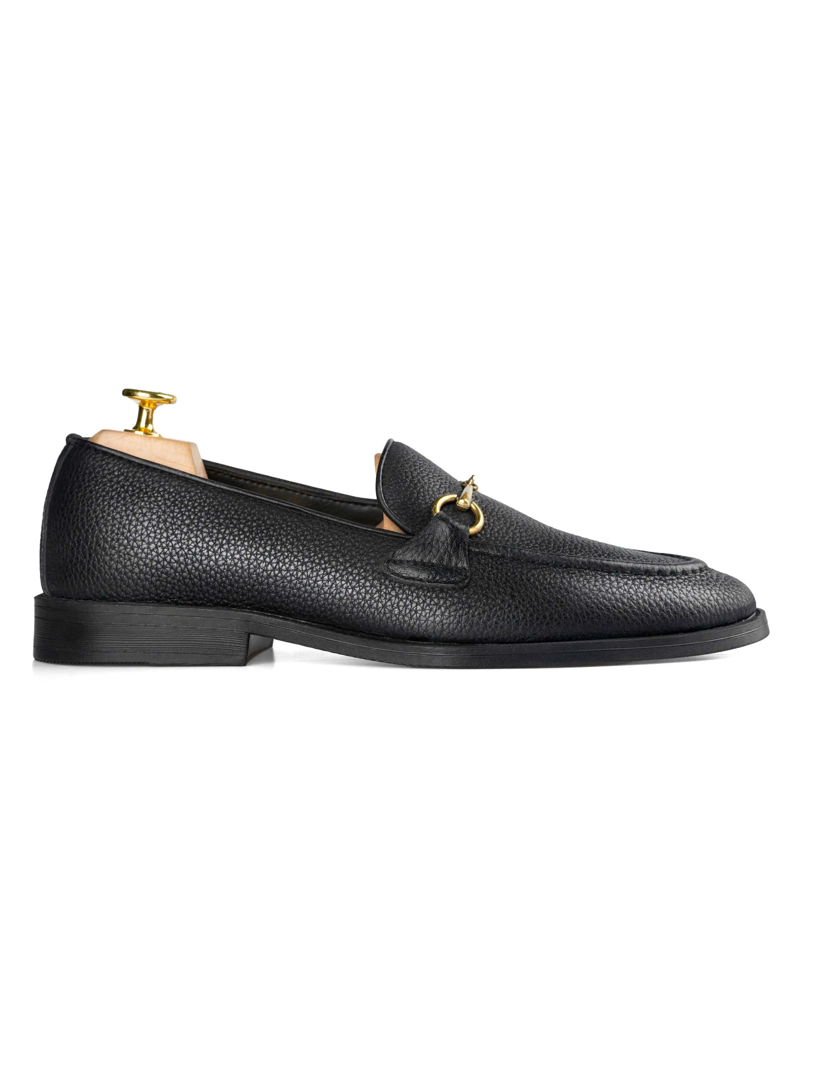 Horsebit Buckle Loafer - Black Pebble Grain Leather (Flexi-Sole) Foot Steady