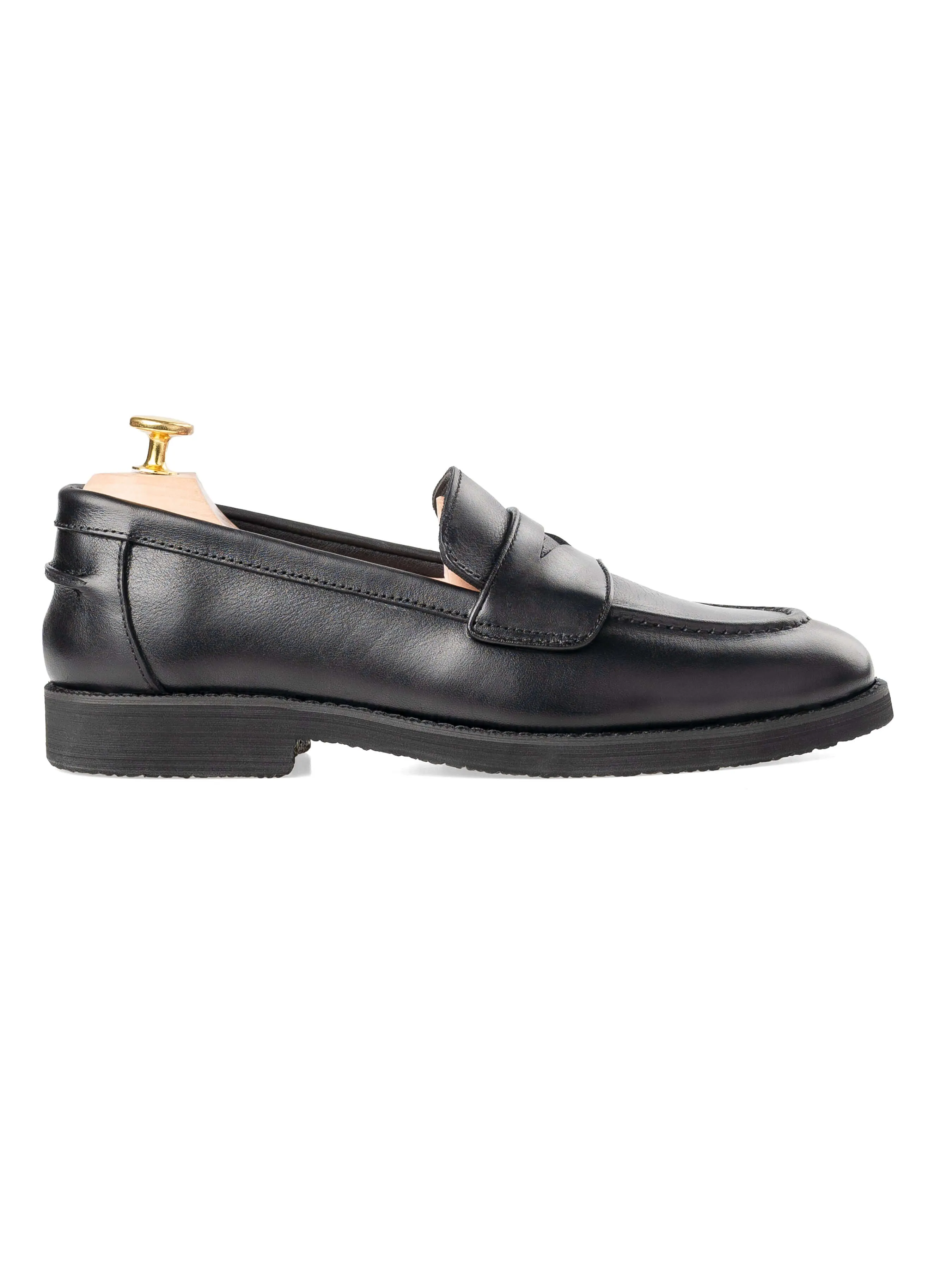 Belgian Style wide feet Wayne Penny Loafer - Solid Black Leather (Crepe Sole)