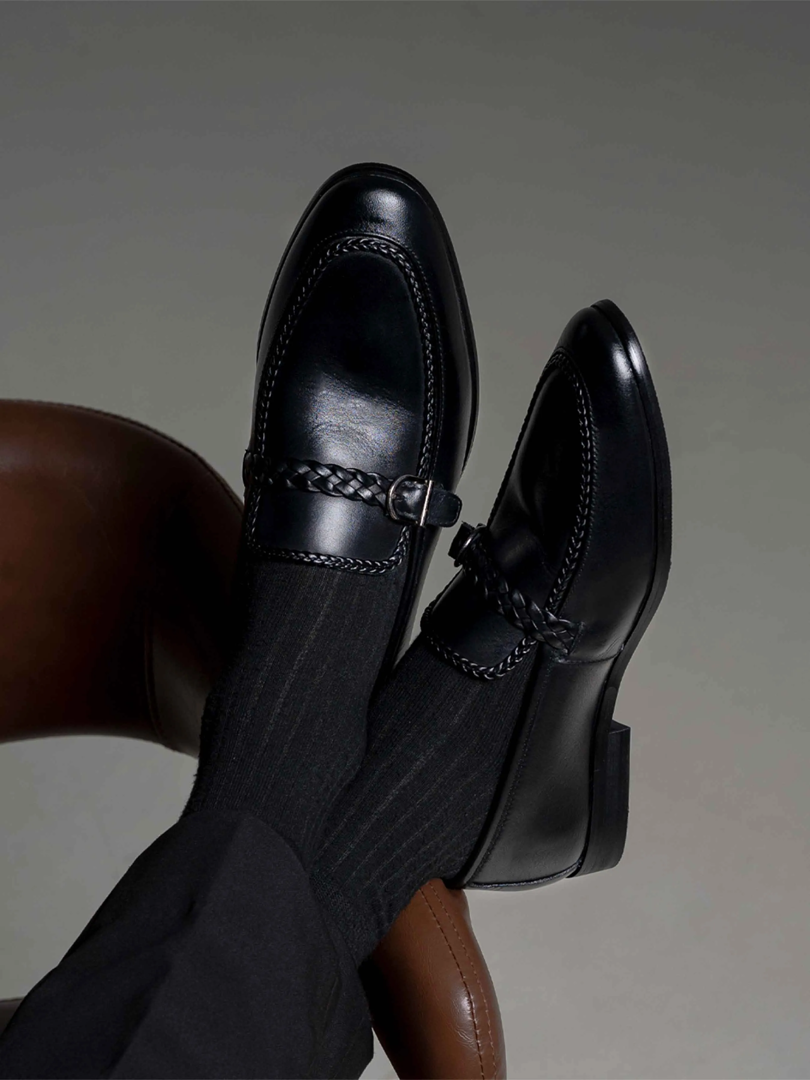Braided Single Strap Loafer - Solid Black Modern Footwear