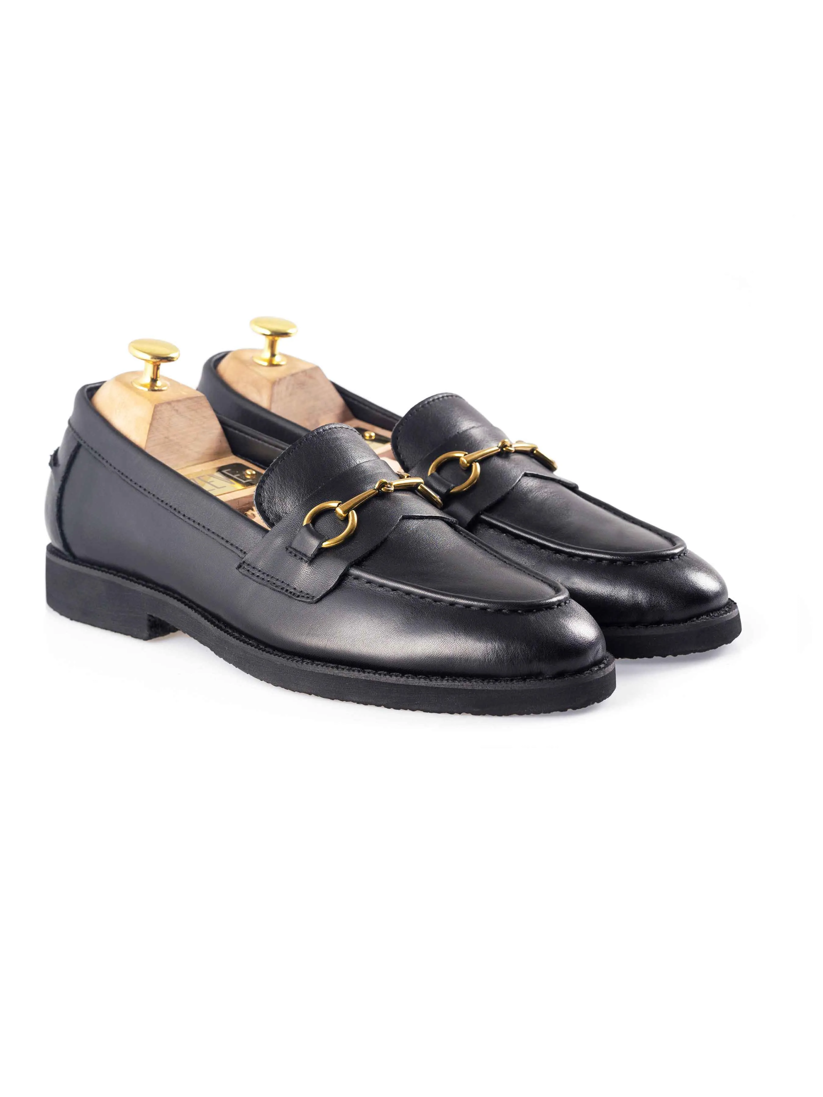 Non-Slip Shoes Penny Loafer Horsebit Buckle - Black Leather (Crepe Sole)