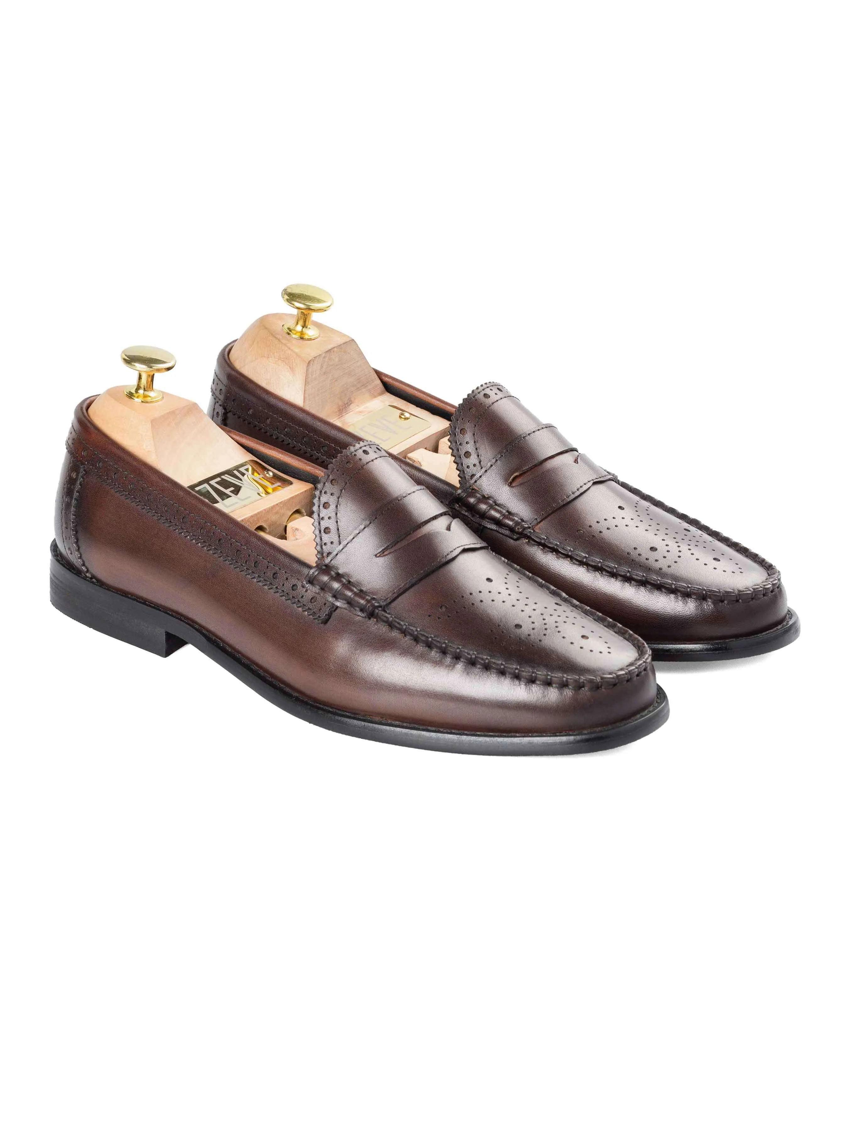 Contrast Stitching Coffee Spot Brogue Penny Loafer - Coffee