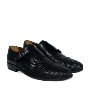Black Double Monk Leather Shoe with Toe To Quarter Weaved Detailing Look Sharp Durable outsole