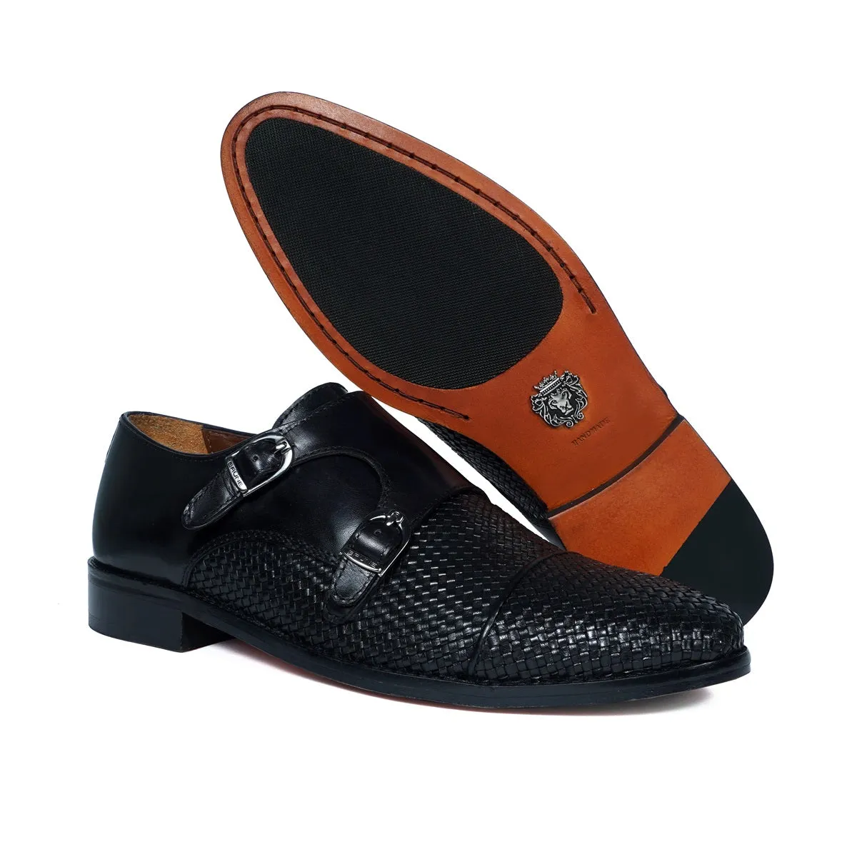 Opulent Edge Slim Edge Black Double Monk Leather Shoe with Toe To Quarter Weaved Detailing