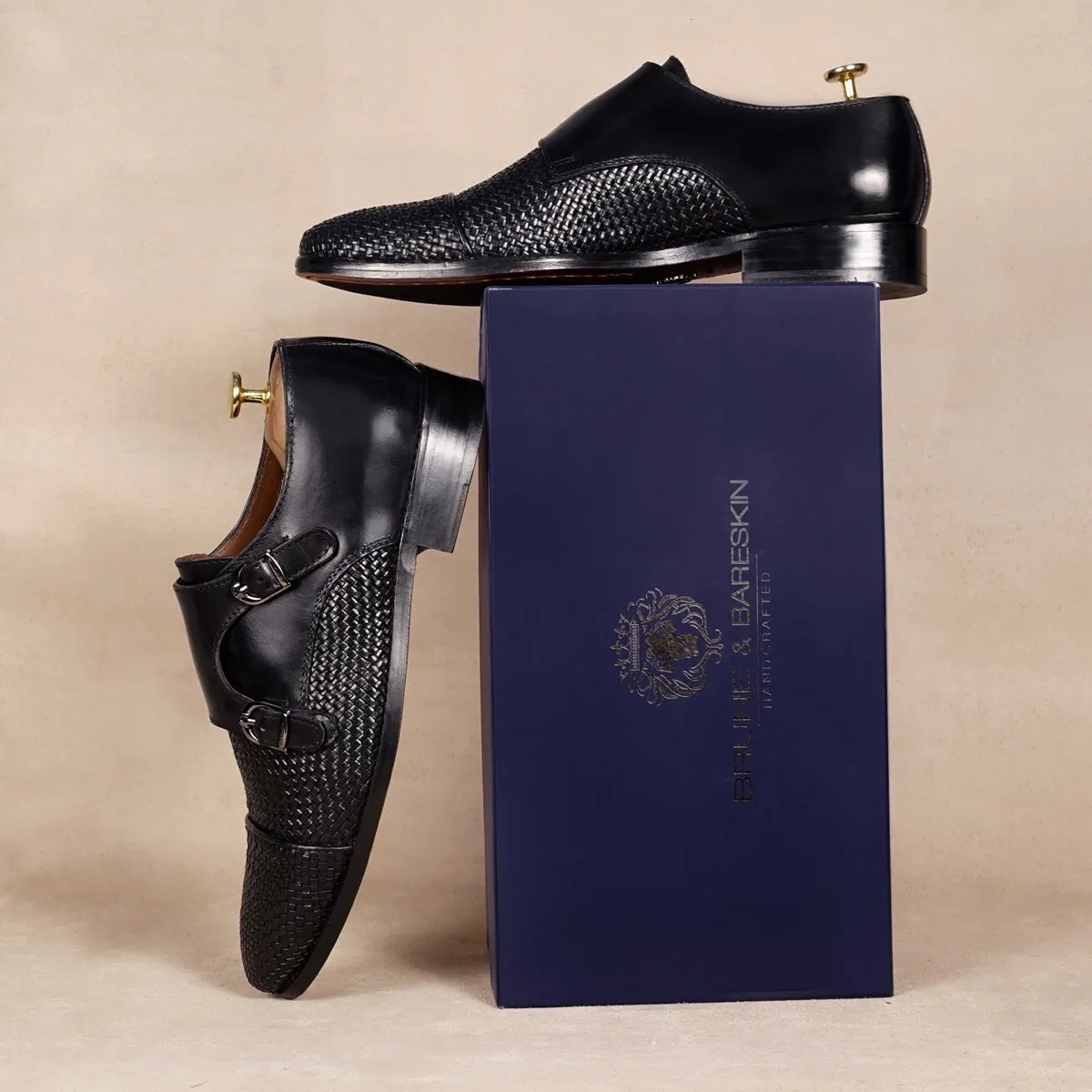 Premium Comfort Clean Shape Black Double Monk Leather Shoe with Toe To Quarter Weaved Detailing