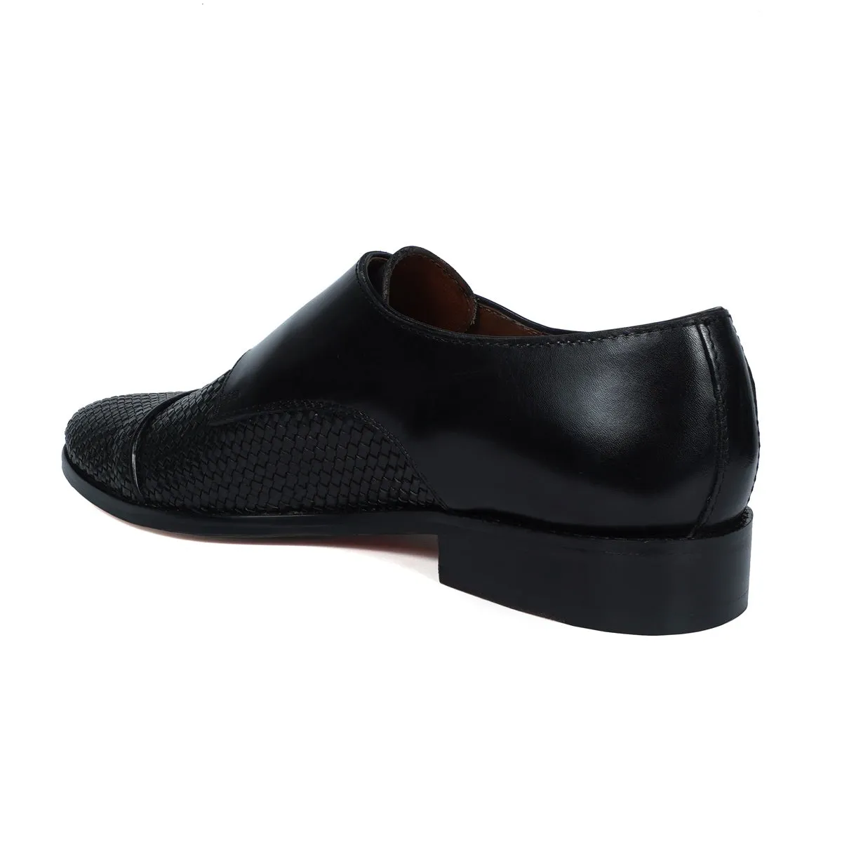 Comfort Grip Black Double Monk Leather Shoe with Toe To Quarter Weaved Detailing