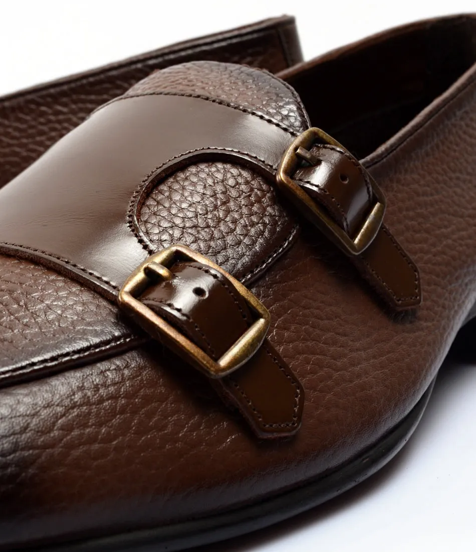 Brown Milled Double Monk Loafers - Ultra-Flex Italian Line Narrow Ease