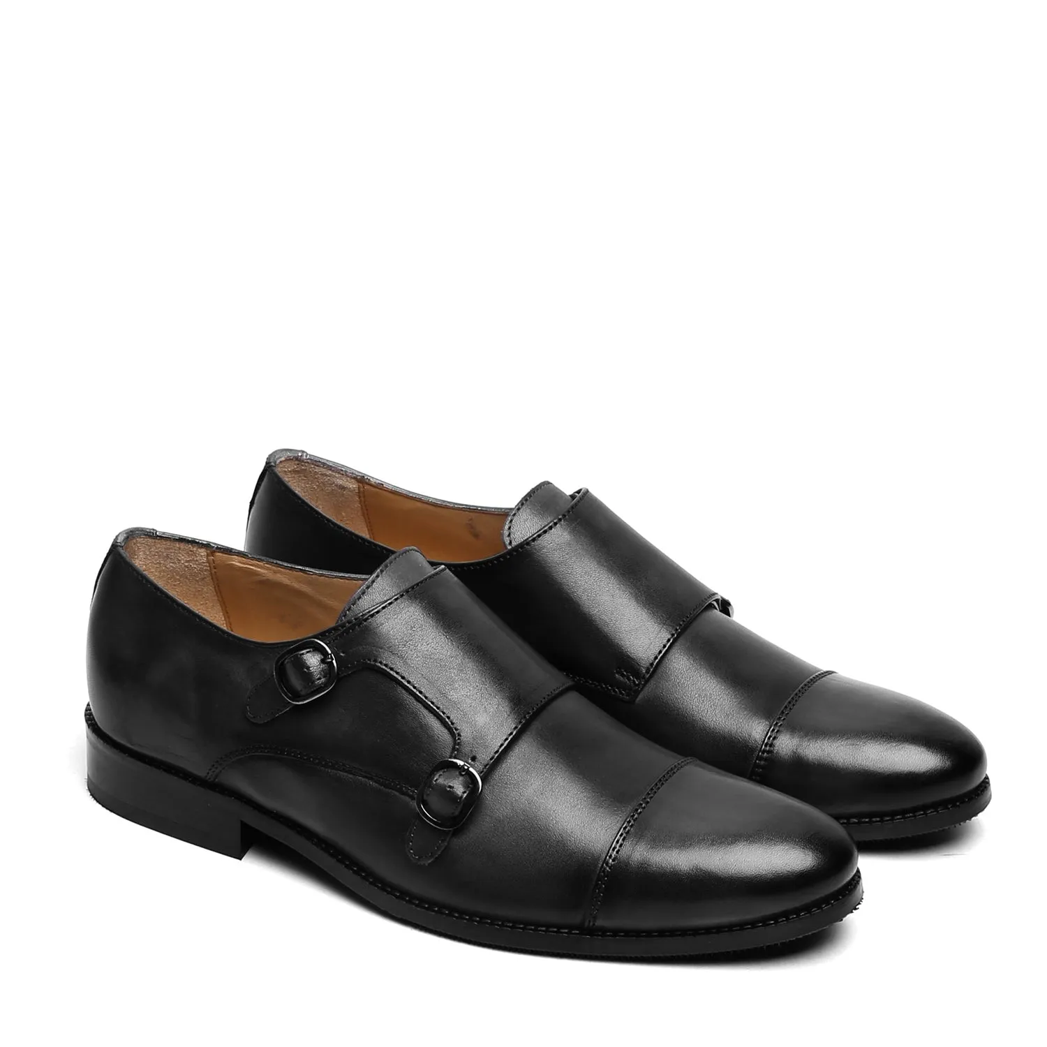 Long Last Canvas Material Double Monk Black Genuine Leather Formal Shoes