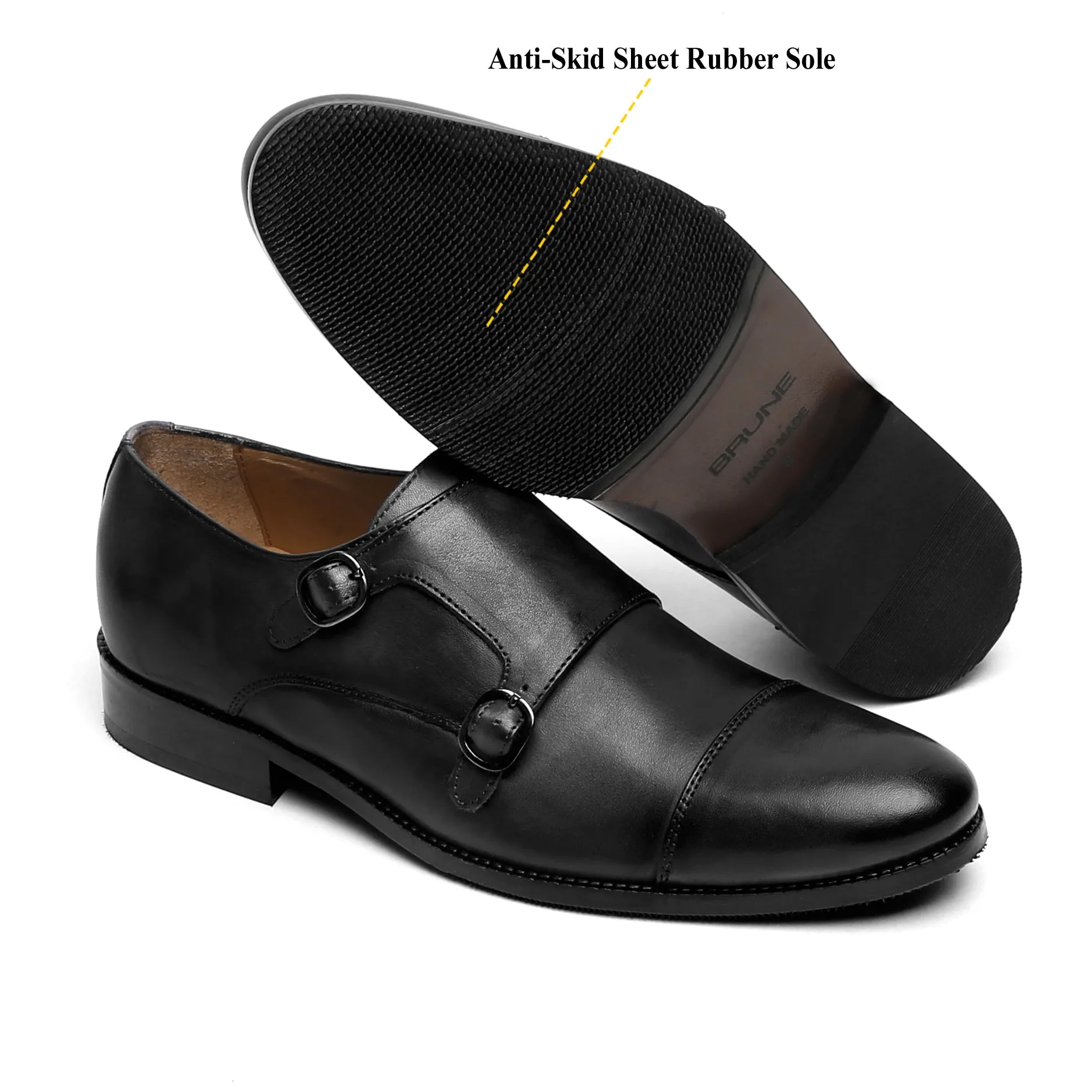 Double Monk Black Genuine Leather Formal Shoes Light Grip