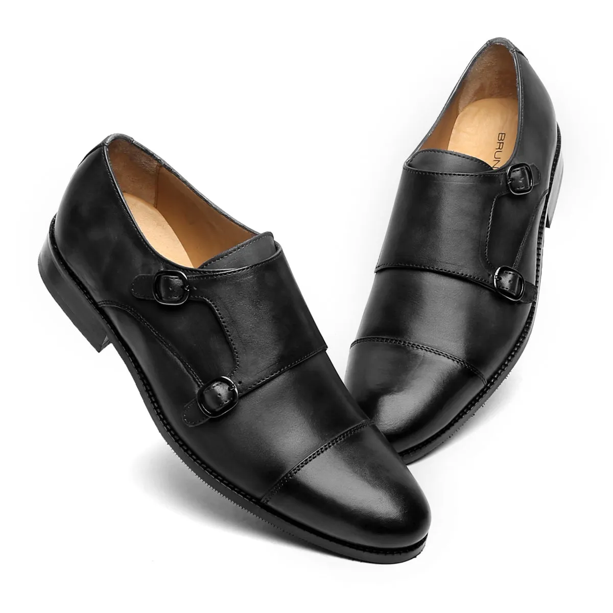 Gloss Tip Double Monk Black Genuine Leather Formal Shoes