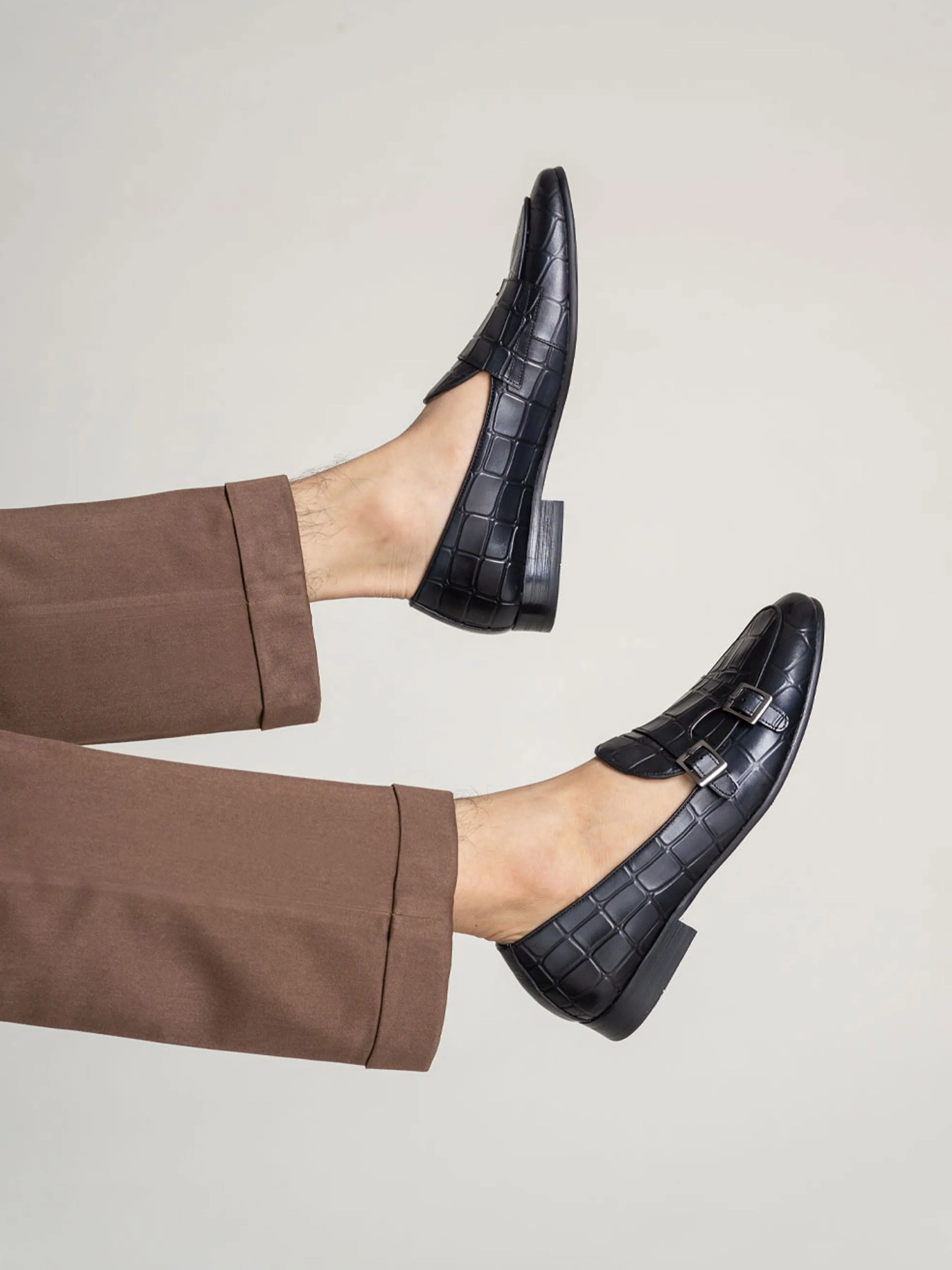 Belgian Loafer - Black Grey Croco Double Monk Strap (Hand Painted Patina) Year-Round Wear