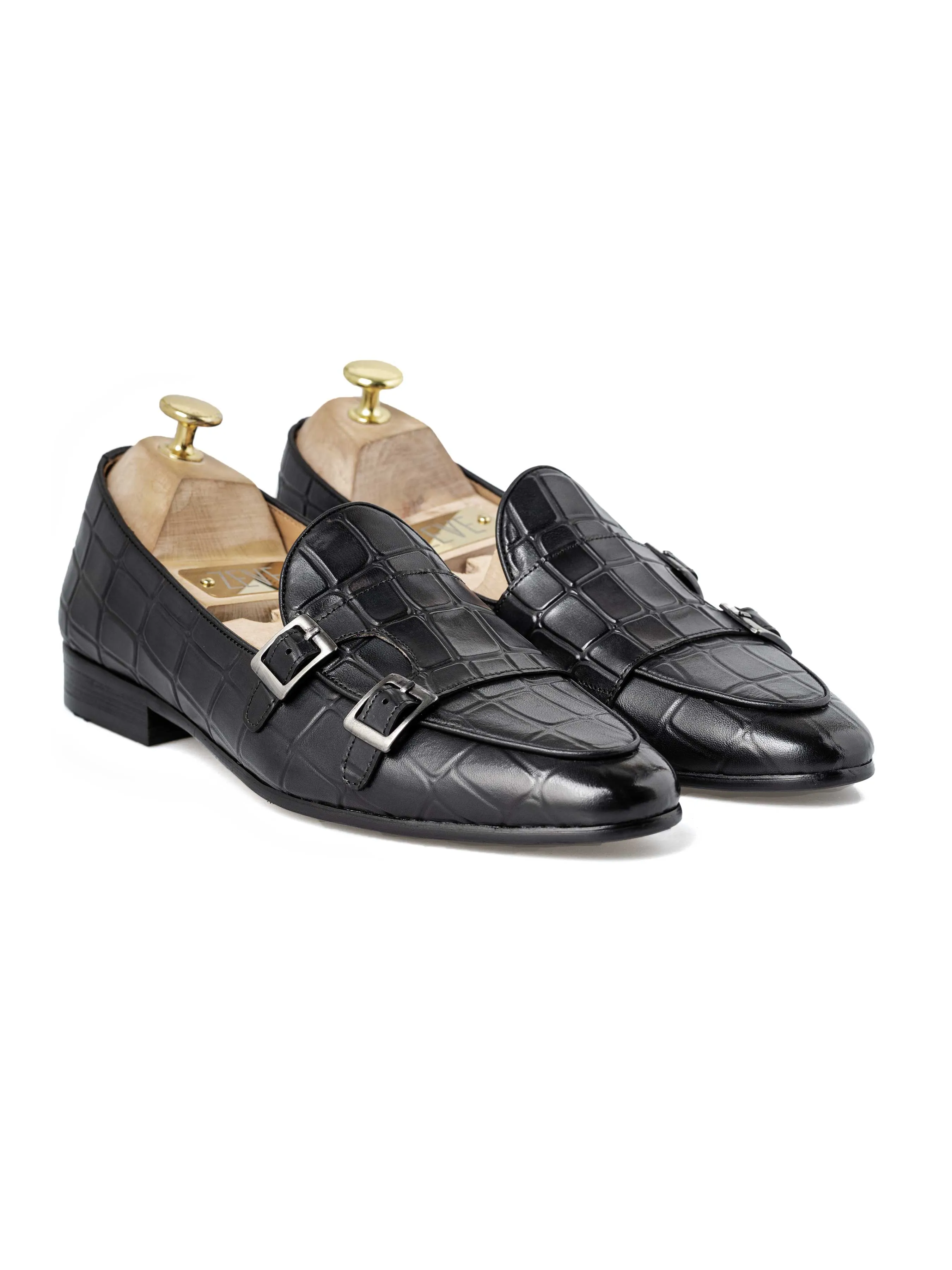 Belgian Loafer - Black Grey Croco Double Monk Strap (Hand Painted Patina) Trend Dash Cloud Breeze