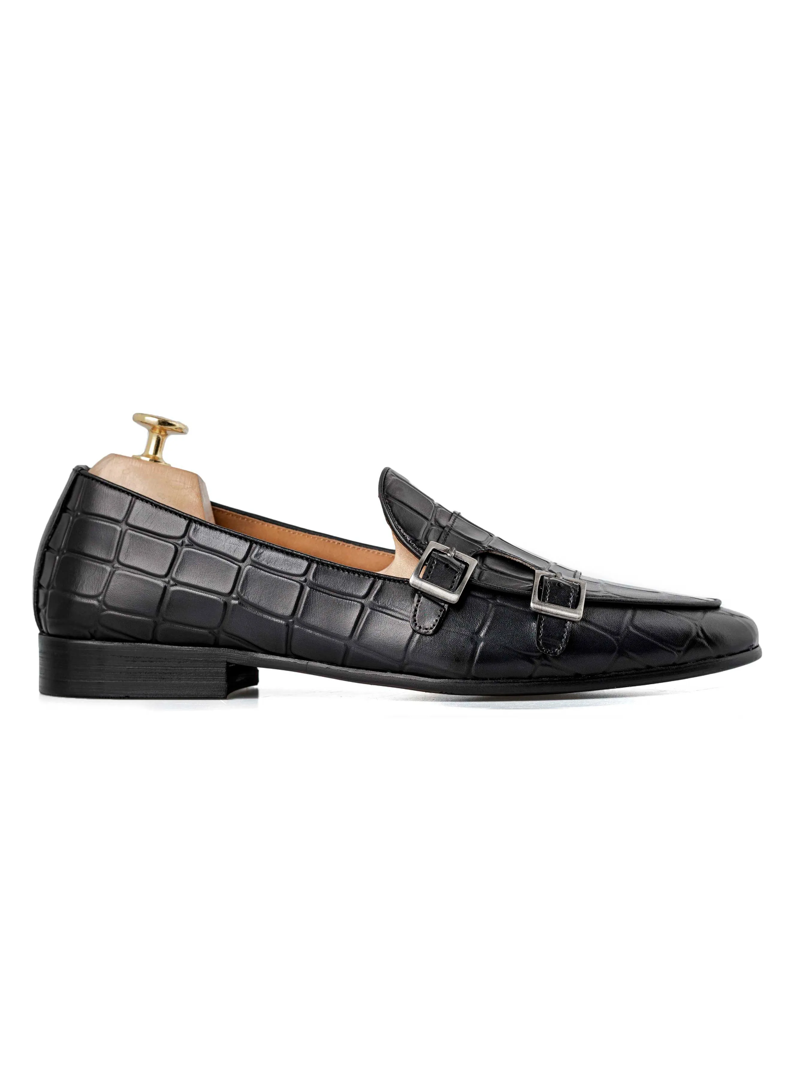 Timeless Footwear Design Belgian Loafer - Black Grey Croco Double Monk Strap (Hand Painted Patina)
