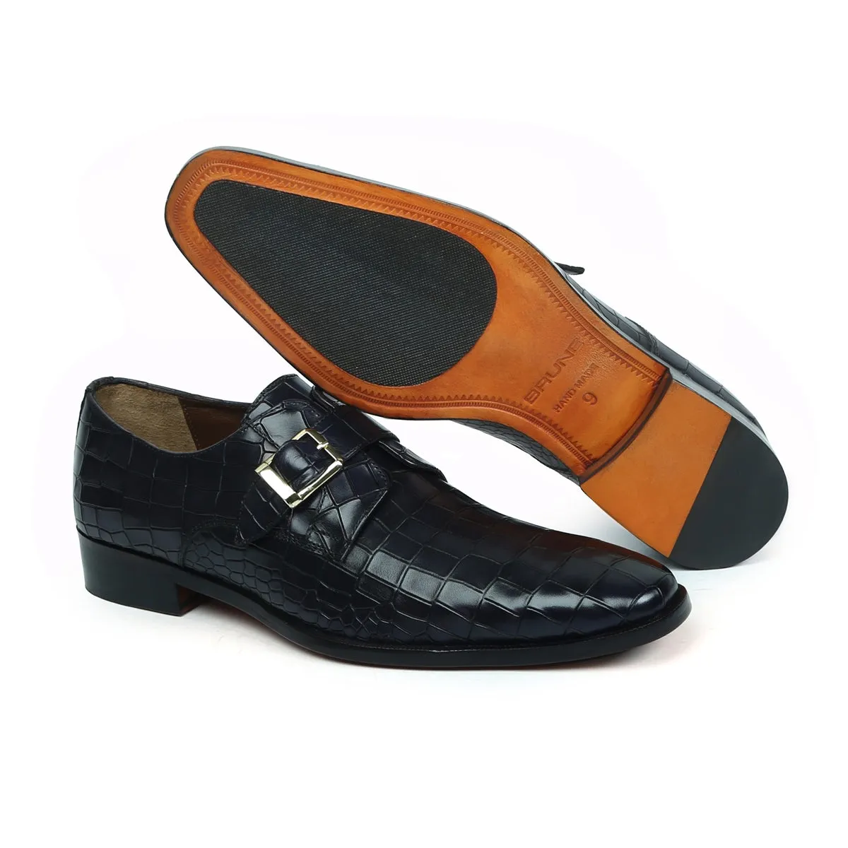Black Deep Cut Leather Slant Toe Derby Monk Strap Shoes Functional Event Shade