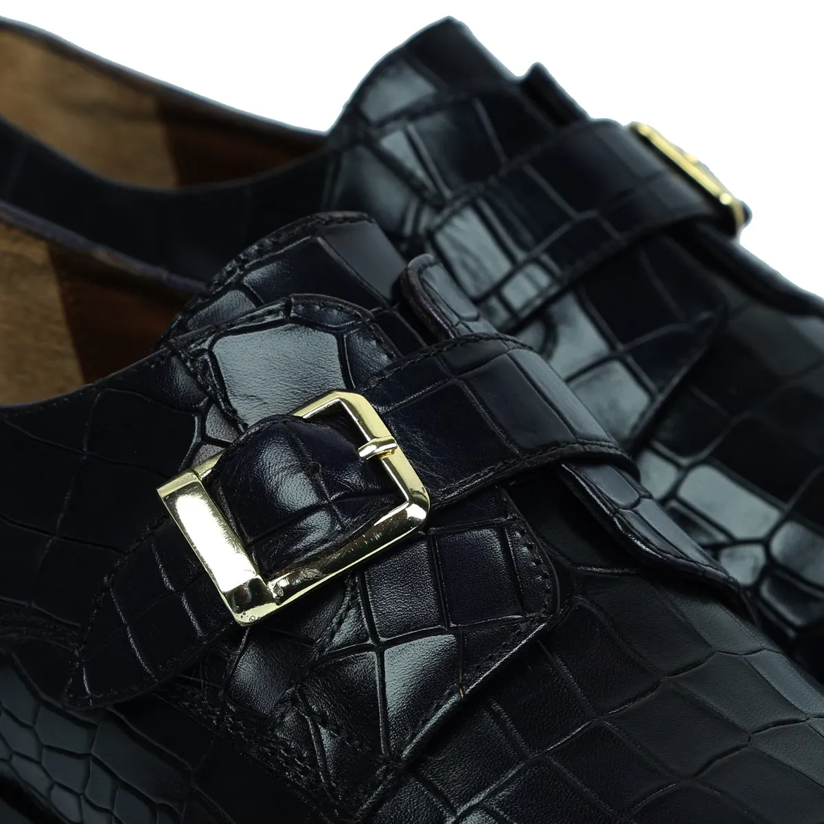 Day Shade Black Deep Cut Leather Slant Toe Derby Monk Strap Shoes