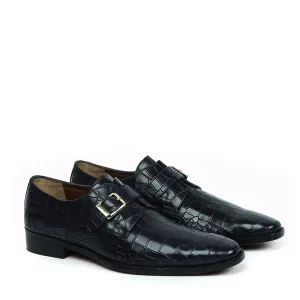 Black Deep Cut Leather Slant Toe Derby Monk Strap Shoes Sleek Finish