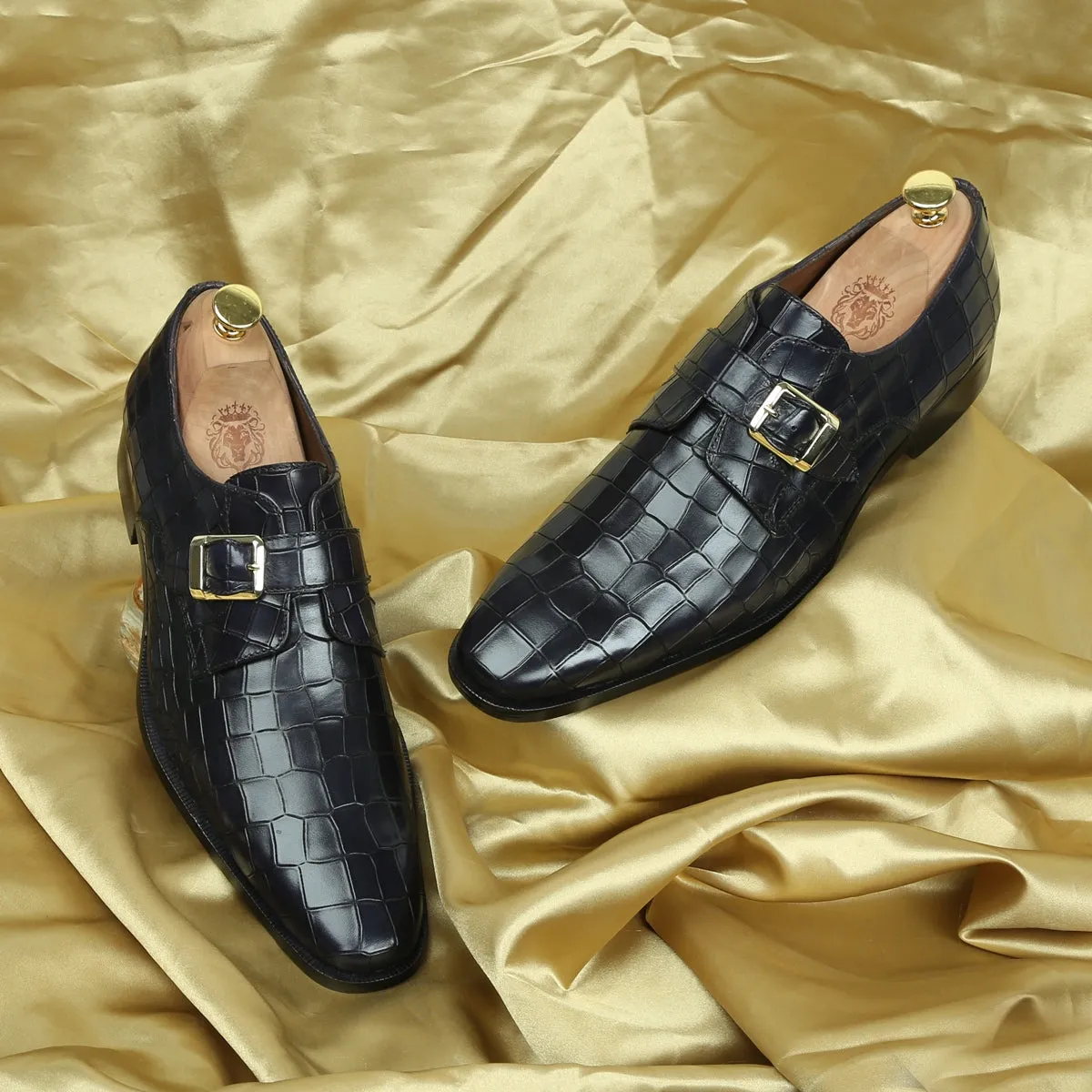 Urban Mode Black Deep Cut Leather Slant Toe Derby Monk Strap Shoes