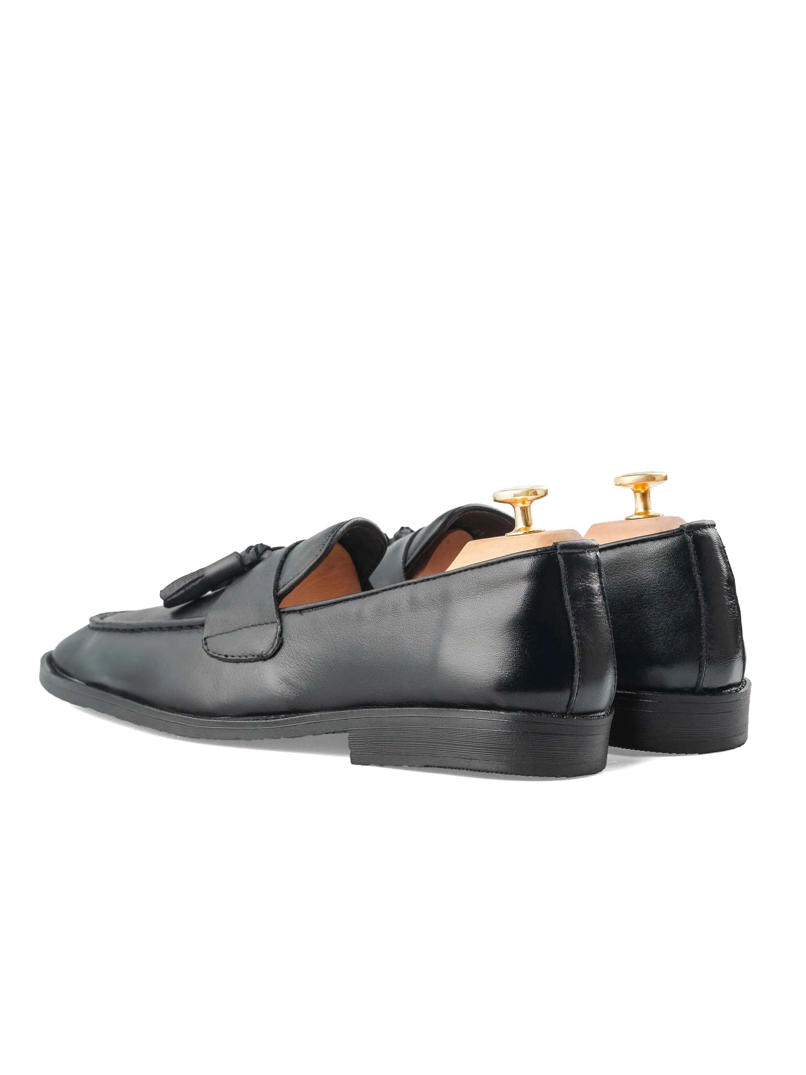 Strappy Rocky Tassel Loafer - Solid Black Leather