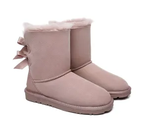 EVERAU? UGG Boots Women Sheepskin Wool Double Baily Short Back Bow Comfort Footwear