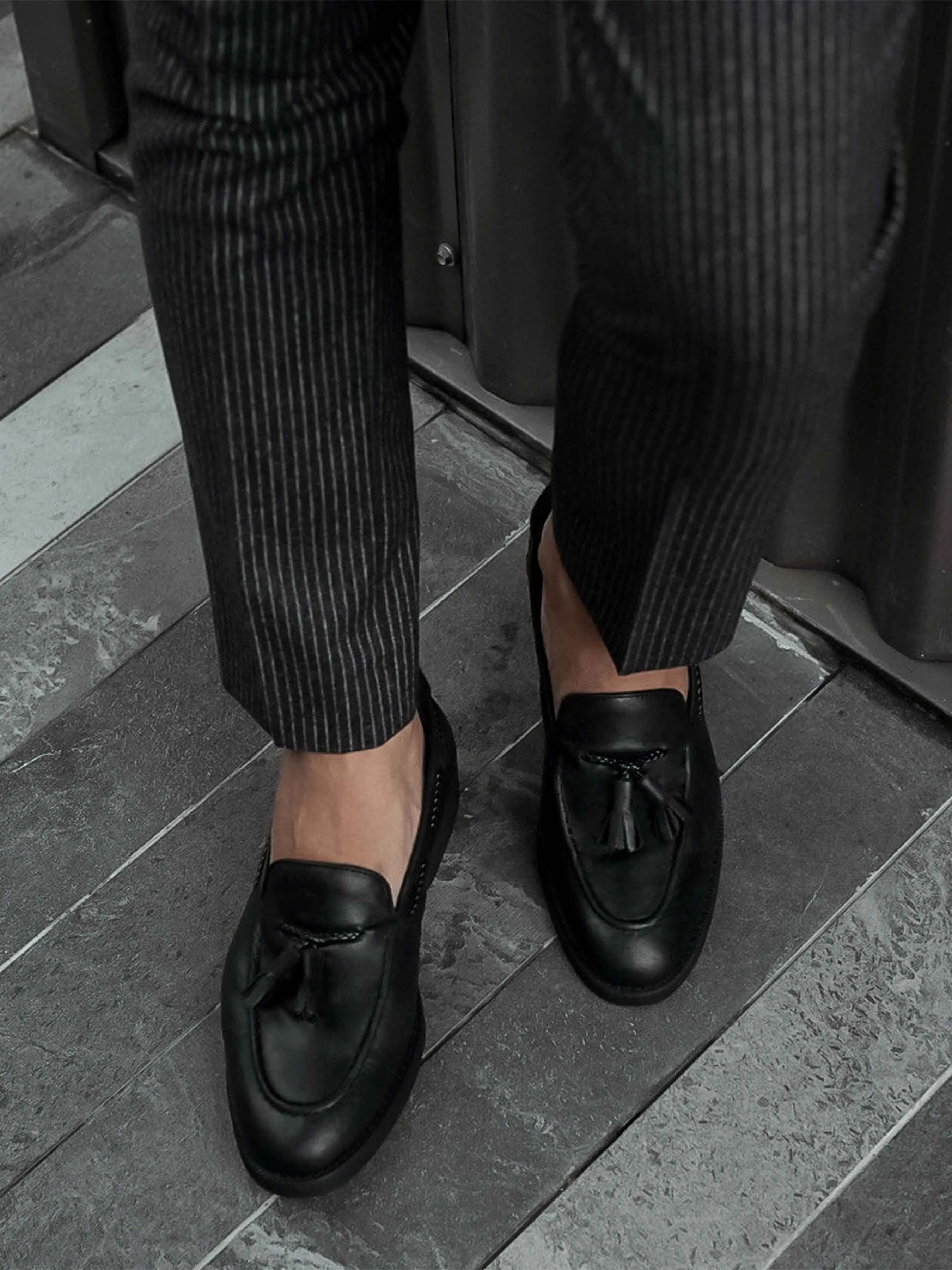 Business Meeting Safe Guard Tassel Loafer - Black Leather (Crepe Sole)