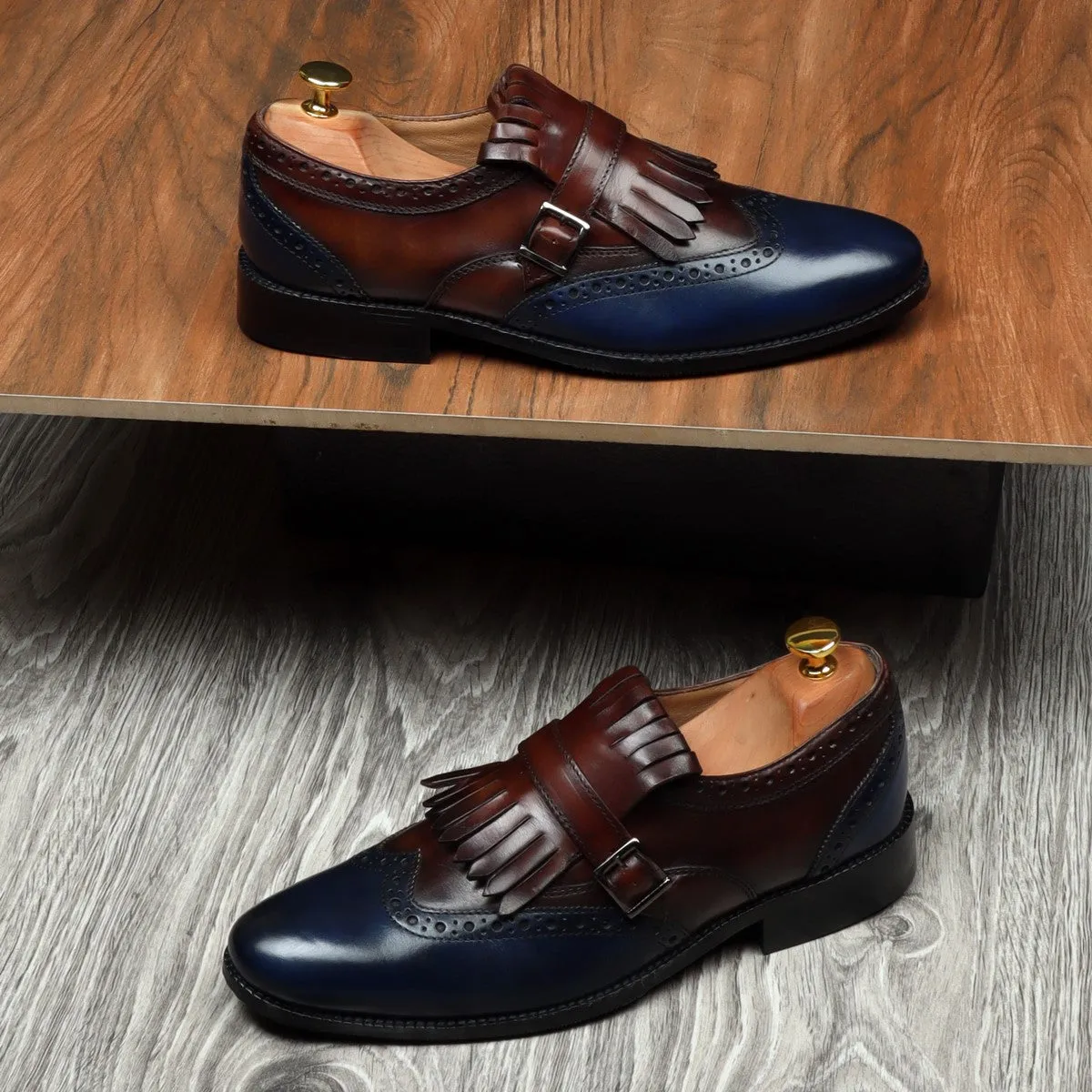 Refined Style Brown/Blue Leather Fringed Single Monk Strap Shoes By Brune & Bareskin