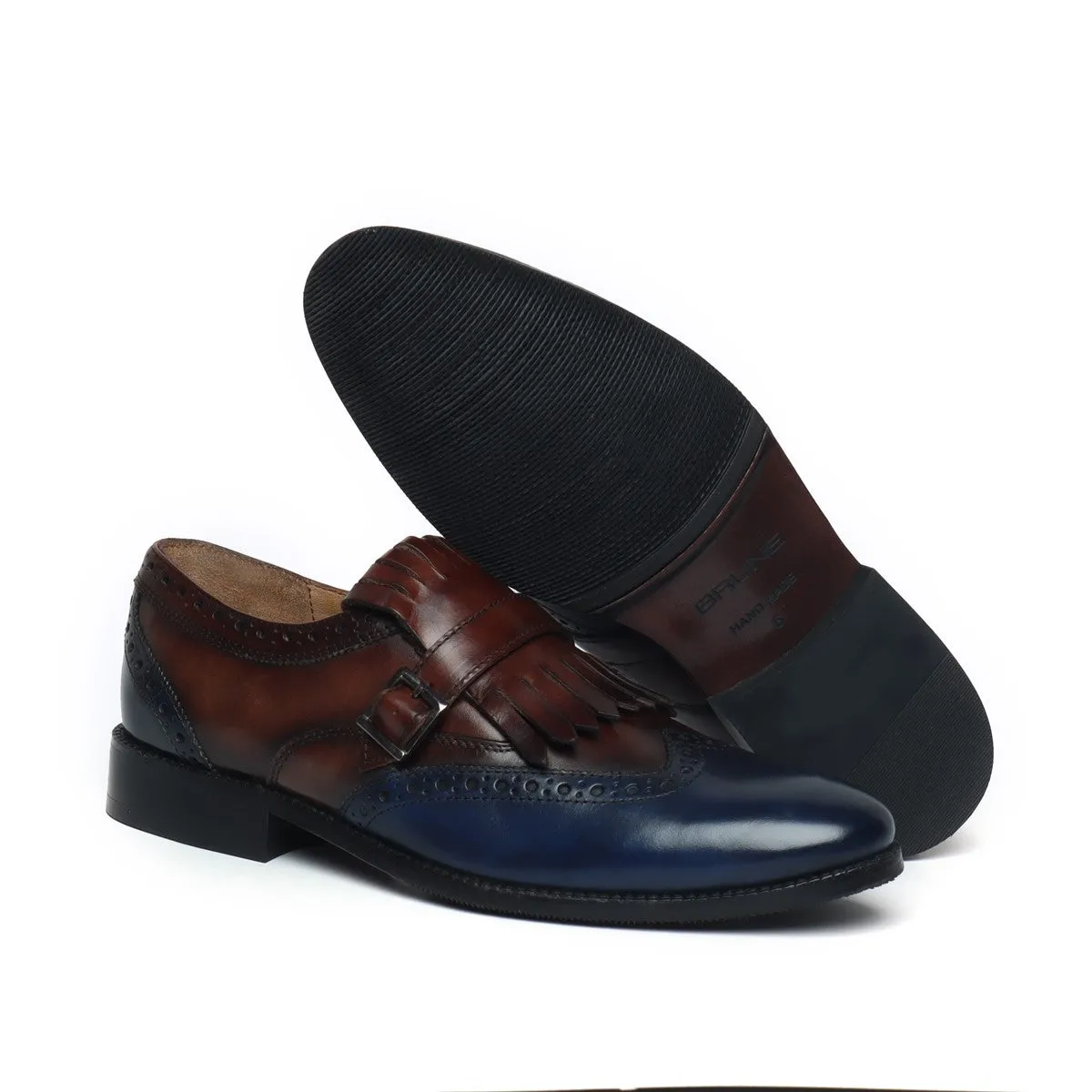 Brown/Blue Leather Fringed Single Monk Strap Shoes By Brune & Bareskin Urban Commute Every Step
