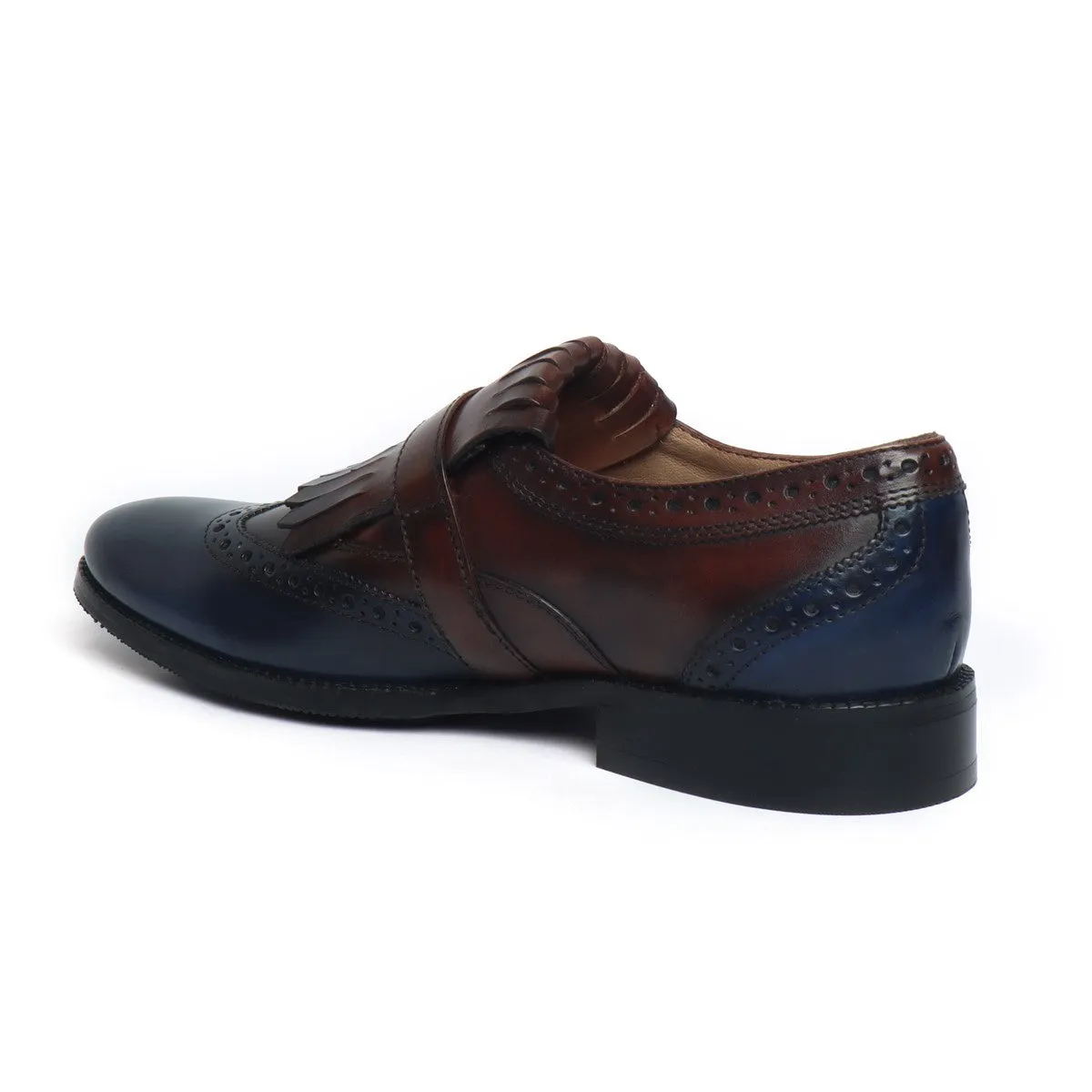 Brown/Blue Leather Fringed Single Monk Strap Shoes By Brune & Bareskin Professional Appearance