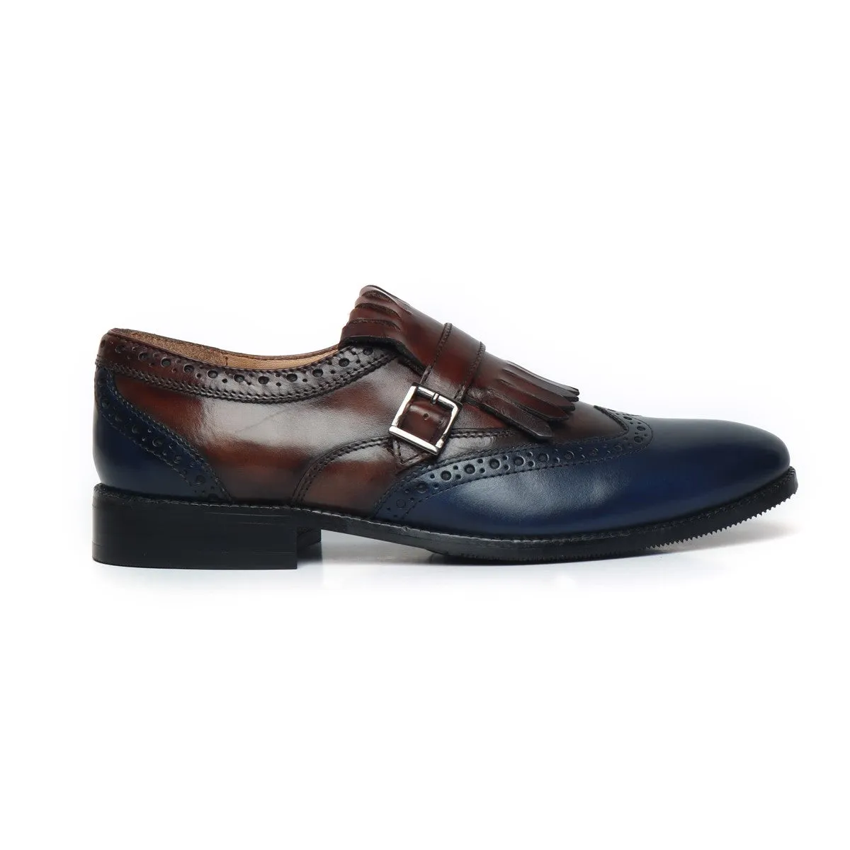 True Edge Detail Craft Brown/Blue Leather Fringed Single Monk Strap Shoes By Brune & Bareskin