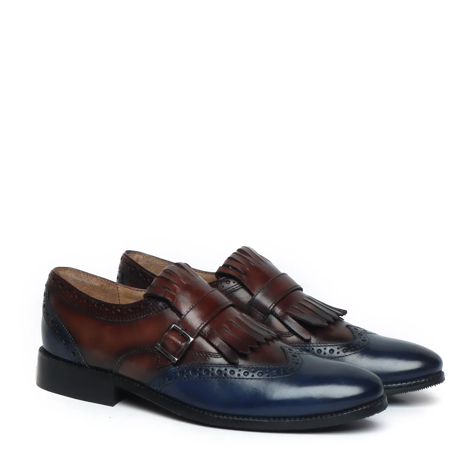 Easy Pace Season Wear Brown/Blue Leather Fringed Single Monk Strap Shoes By Brune & Bareskin