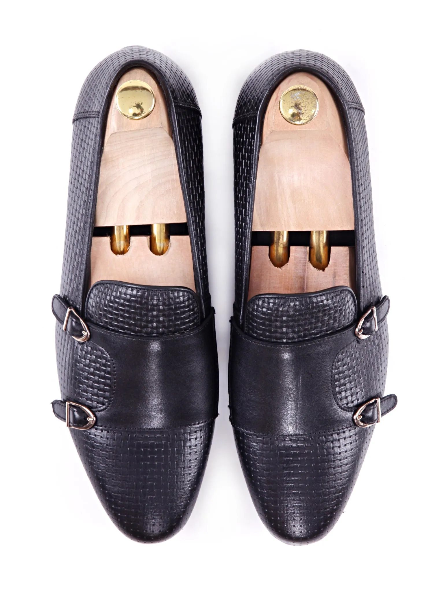 Loafer Slipper - Black Double Monk Strap with Woven Leather Even Power Stretchable