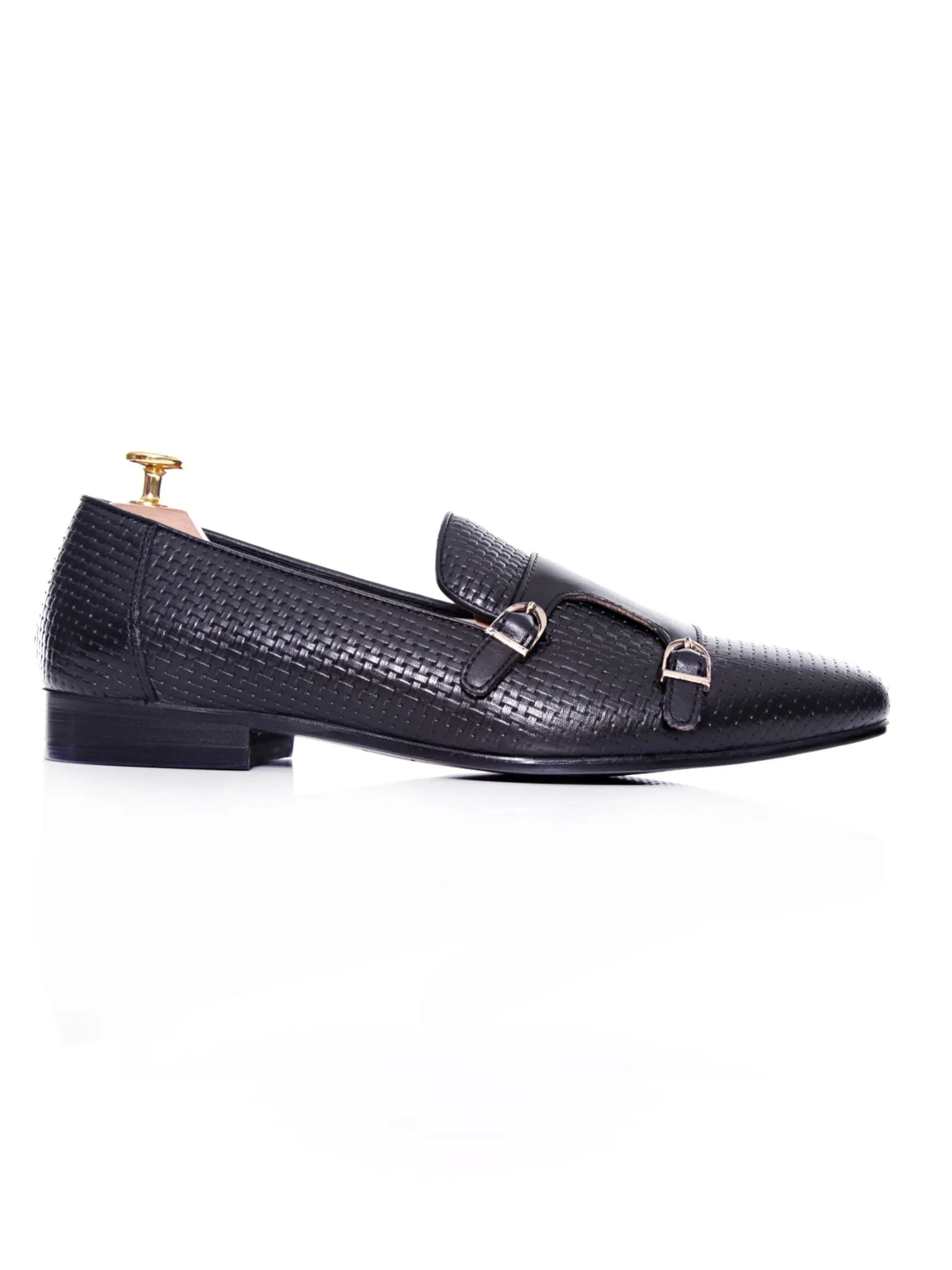 Path Smooth Hold Power Loafer Slipper - Black Double Monk Strap with Woven Leather