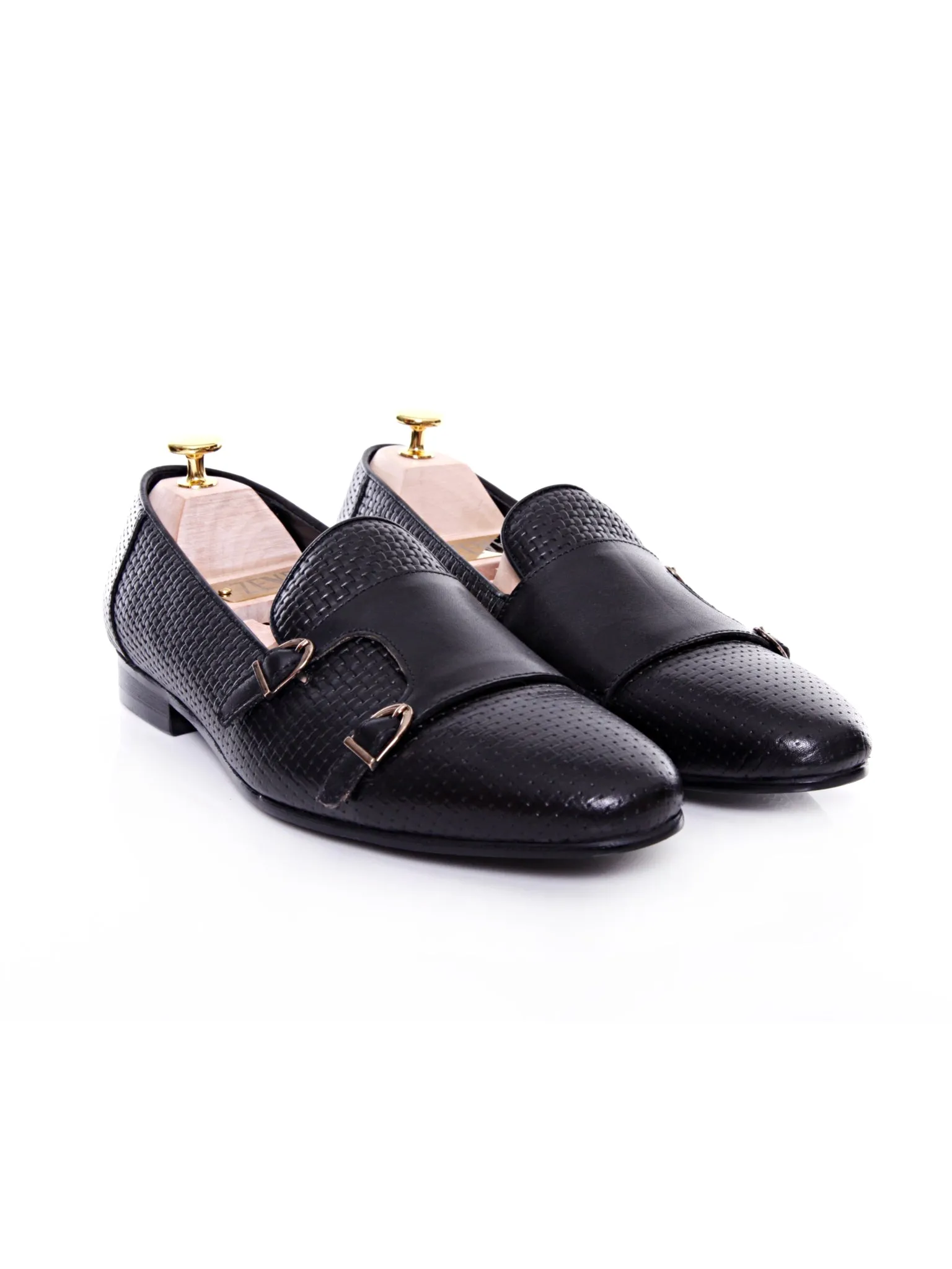 Loafer Slipper - Black Double Monk Strap with Woven Leather Versatile Casual Shoes