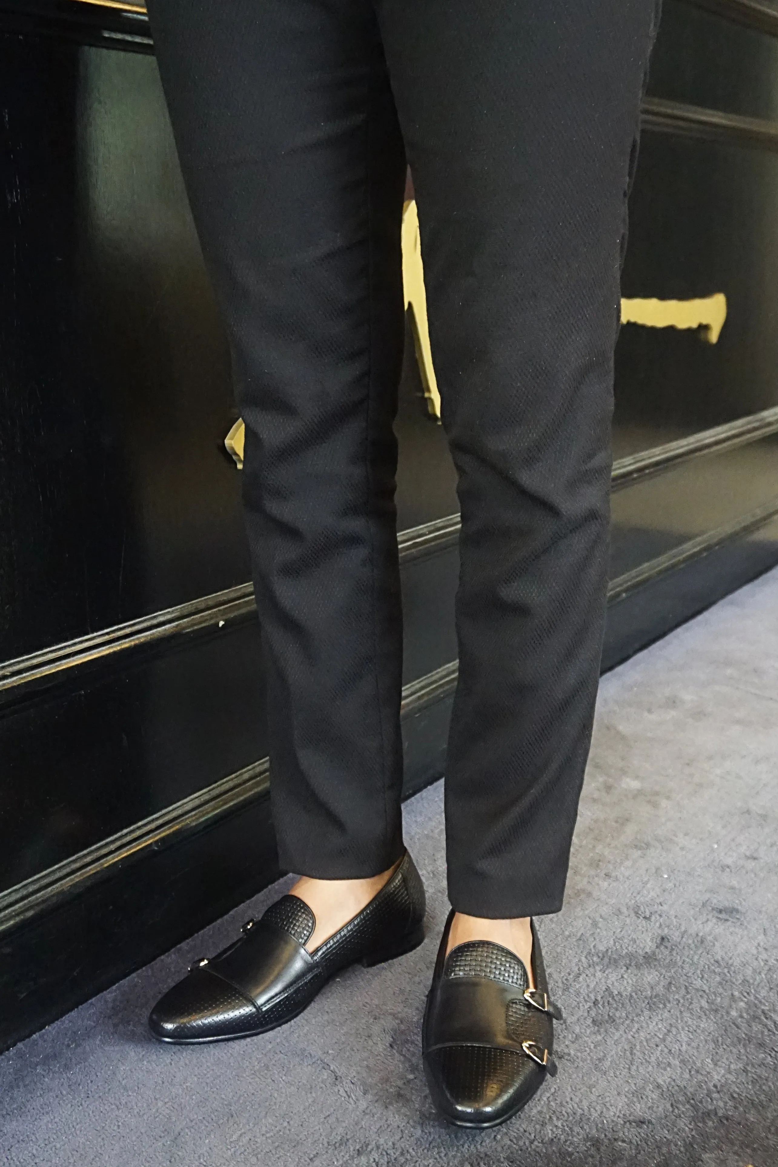 Slip   On Practical Comfort Loafer Slipper - Black Double Monk Strap with Woven Leather
