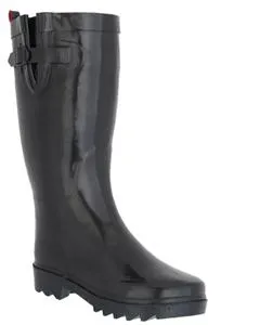Ladies Solid Black Tall Rubber Rain Boot Adjustable Weatherproof Style
