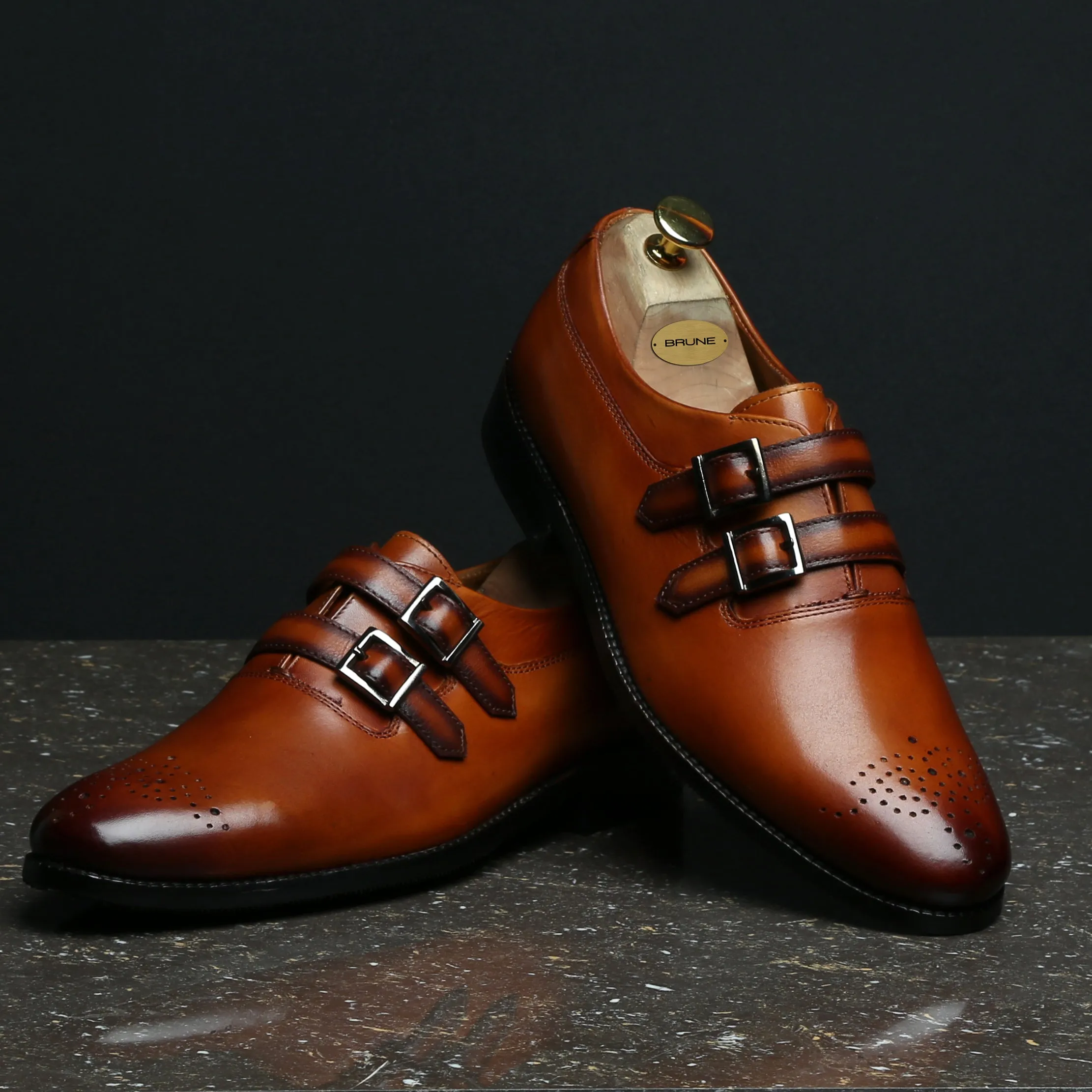 Slim Profile TAN PARALLEL DOUBLE MONK STRAPS LEATHER FORMAL SHOES BY BRUNE & BARESKIN