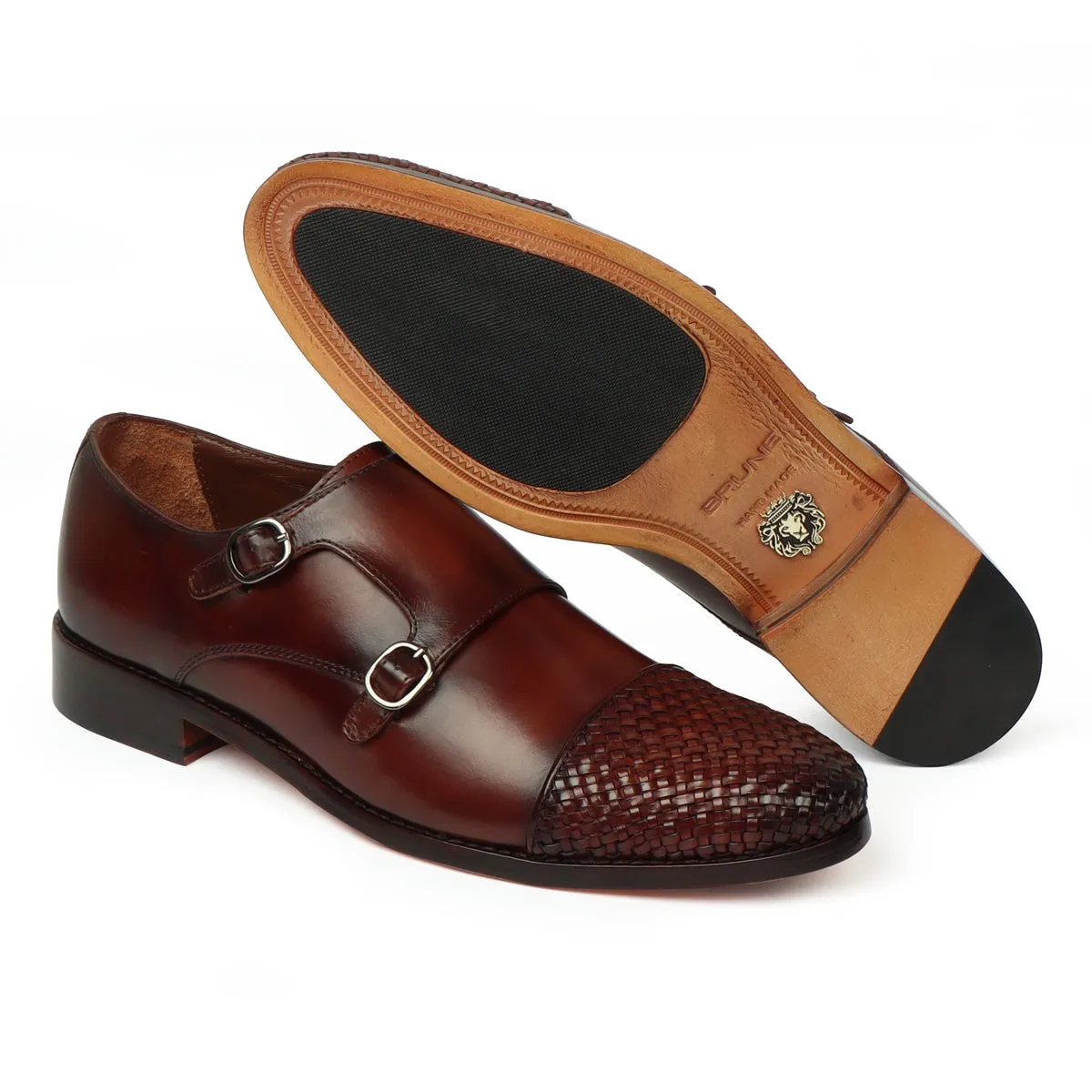 Dark Brown Contrasting Cap Toe Leather Woven Detailed Double Monk With Leather Sole Shoes By Brune & Bareskin Executive Shade