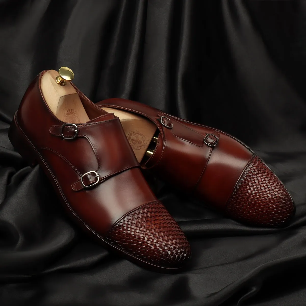 Dark Brown Contrasting Cap Toe Leather Woven Detailed Double Monk With Leather Sole Shoes By Brune & Bareskin Dust Shade