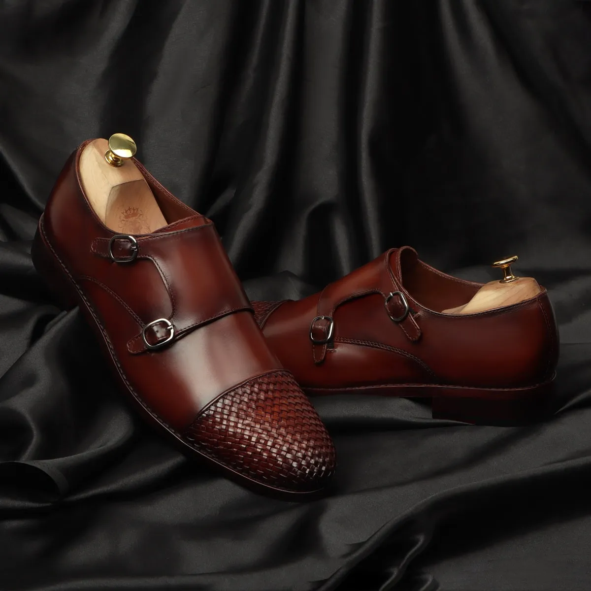 Travel Easy Prestige Circle Dark Brown Contrasting Cap Toe Leather Woven Detailed Double Monk With Leather Sole Shoes By Brune & Bareskin