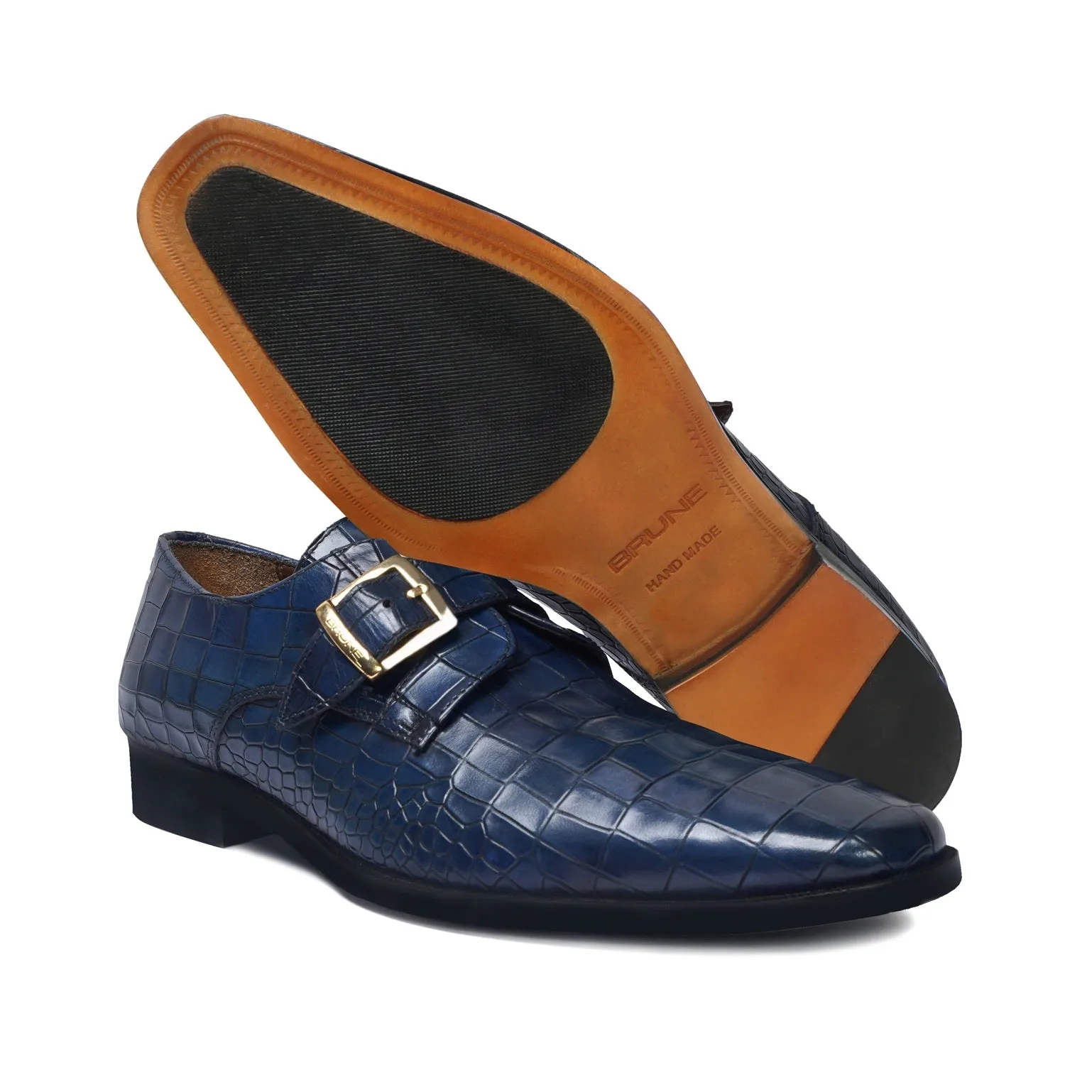 Signature Detail Blue Deep Cut Leather Slant Toe Derby Monk Strap Shoes
