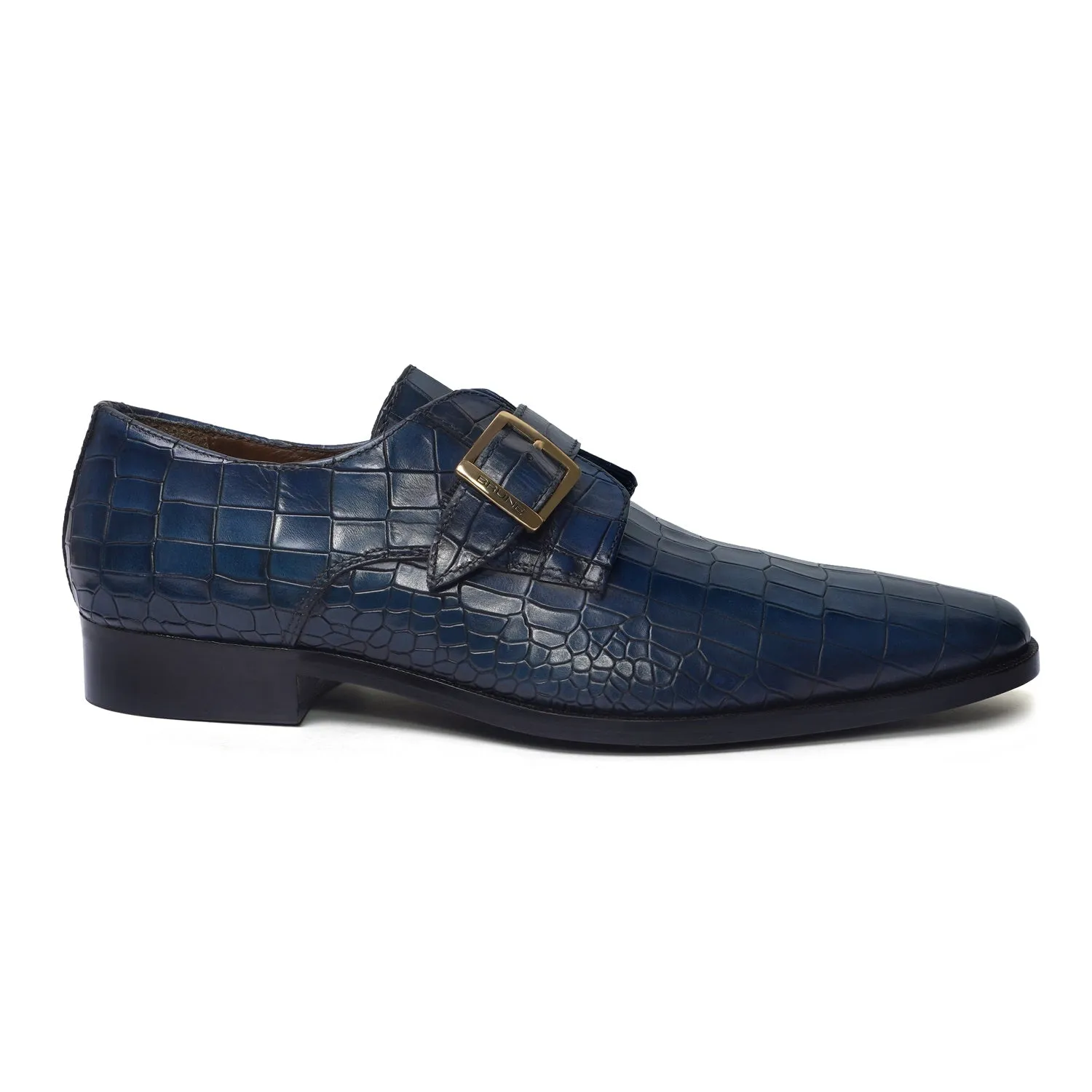 Day Shade Blue Deep Cut Leather Slant Toe Derby Monk Strap Shoes