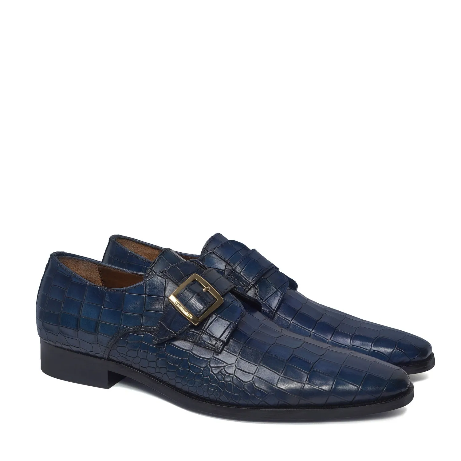 Power Shade Blue Deep Cut Leather Slant Toe Derby Monk Strap Shoes