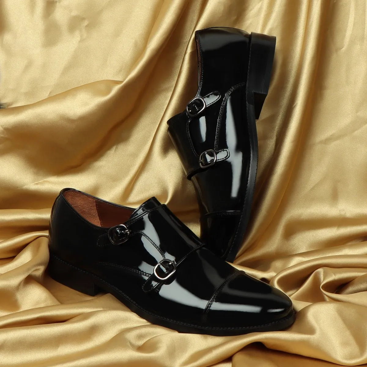 Black Patent Leather Rounded Cap Toe Double Monk Strap Formal Shoes By Brune & Bareskin Lace Up Style