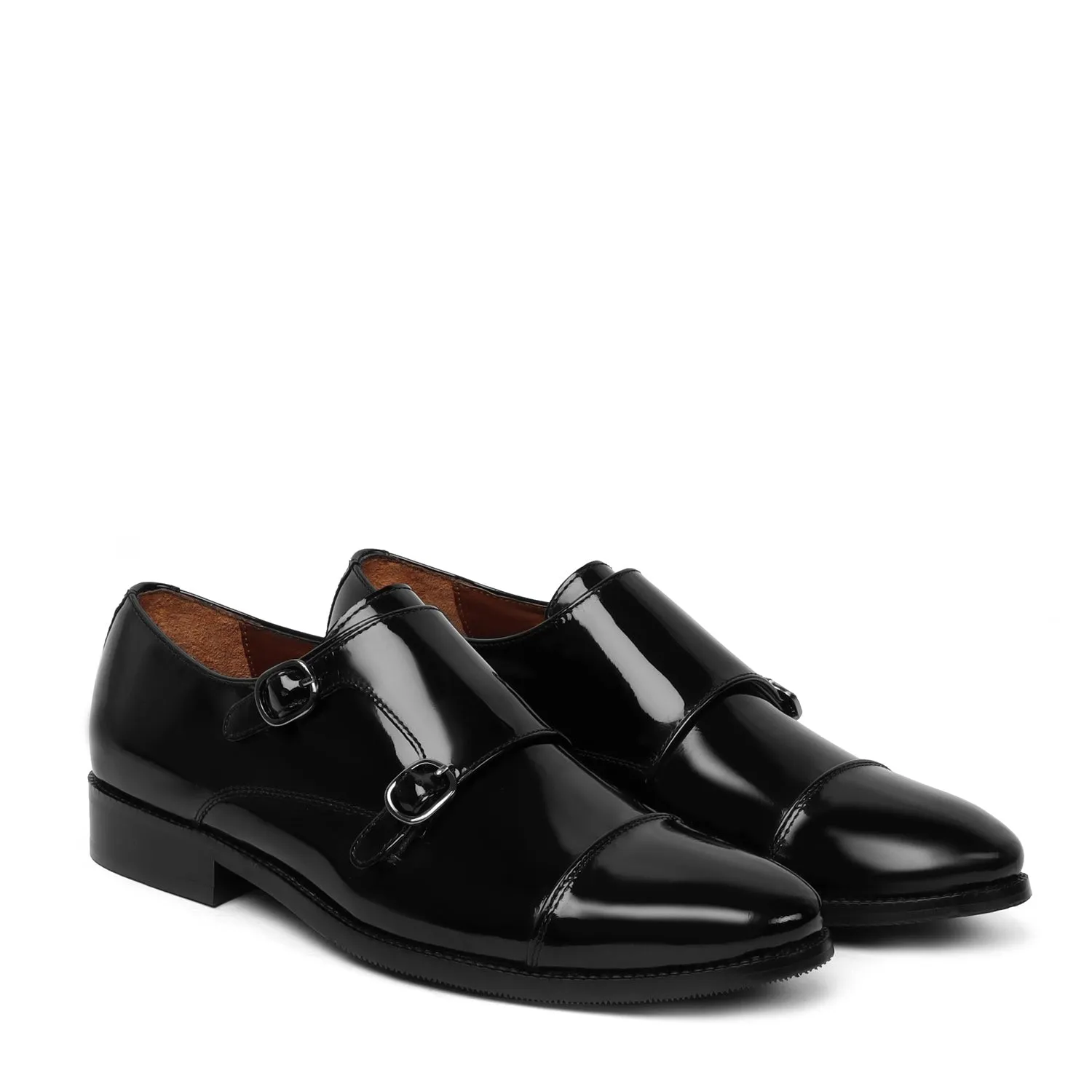 Black Patent Leather Rounded Cap Toe Double Monk Strap Formal Shoes By Brune & Bareskin Soft Roll