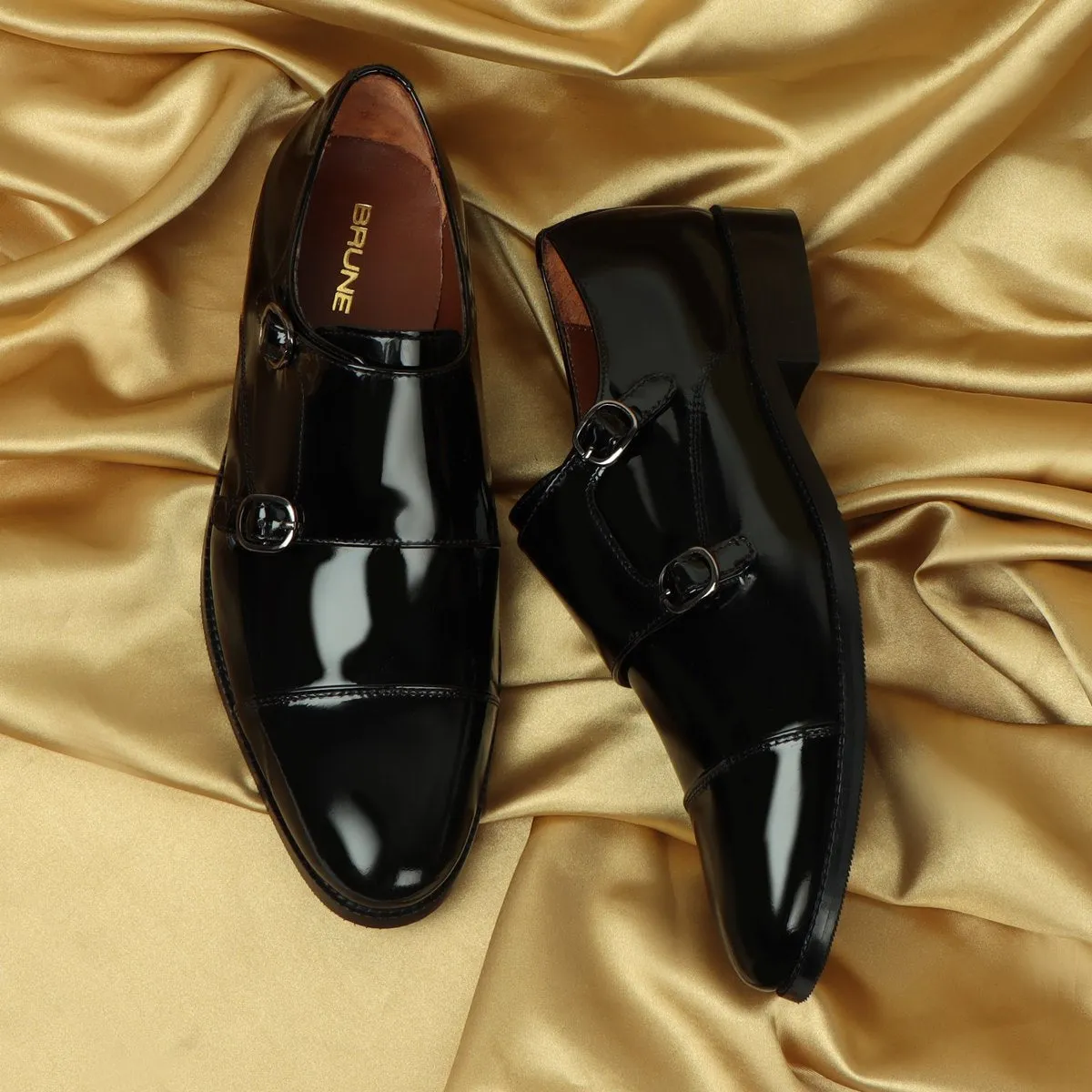 Black Patent Leather Rounded Cap Toe Double Monk Strap Formal Shoes By Brune & Bareskin Walk Proud